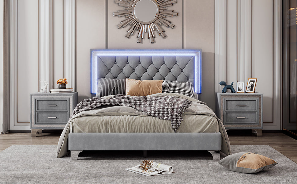 Full Size Upholstered Bed Frame With Led Lights,Modern Velvet Platform Bed With Tufted Headboard,Gray Gray Velvet