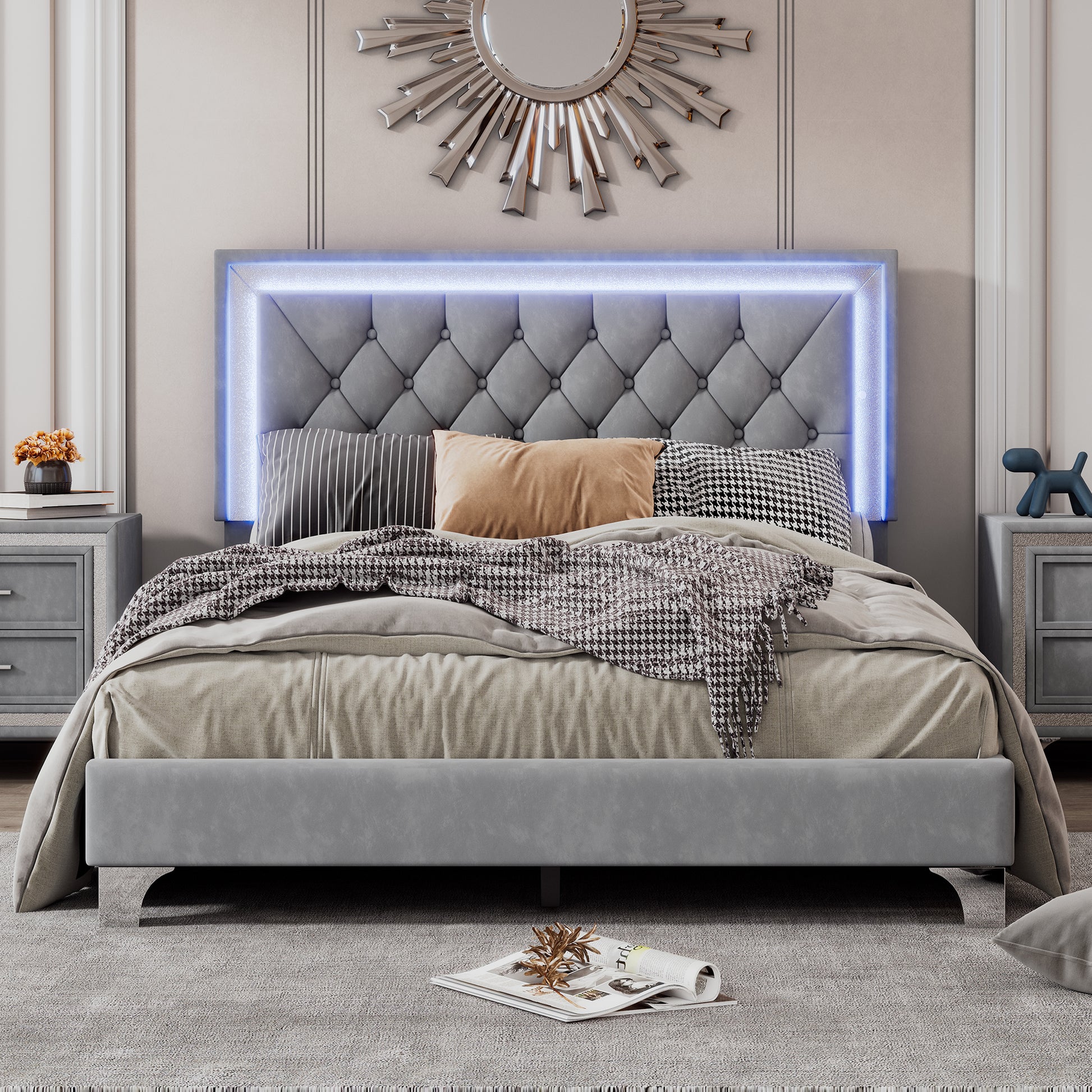 Full Size Upholstered Bed Frame With Led Lights,Modern Velvet Platform Bed With Tufted Headboard,Gray Gray Velvet