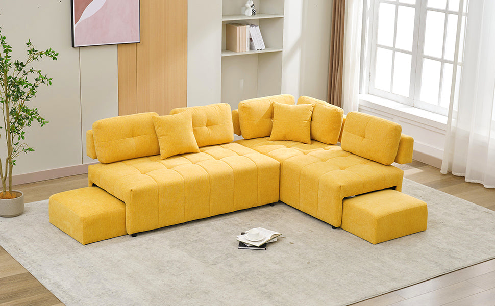 91.73" L Shaped Sofa Sectional Sofa Couch With 2 Stools And 2 Lumbar Pillows For Living Room, Yellow Yellow Chenille