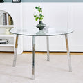 Modern Simple Table With A Glass Round Table And Six Chairs. Transparent Tempered Glass Table Top, Electroplated Table Legs, Bow Chair Legs Set Of 7 Light Yellow Round Glass Metal