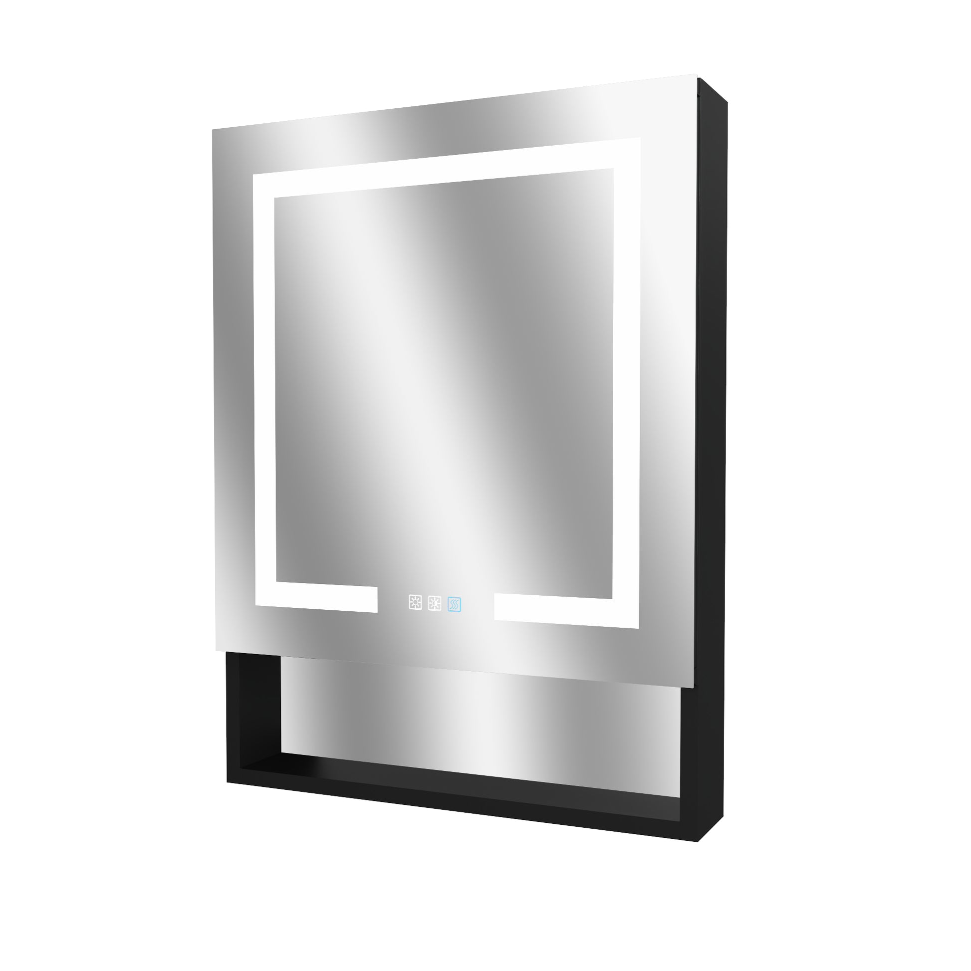 Lighted Medicine Cabinet 24 X 32 Inch, Recessed Or Surface,Clock, Room Temp Display,Defog,Night Light,Stepless Dimming,3000K 6400K, Outlets & Usbs,Hinge On The Right . With External Storage Shelf. Black Aluminium