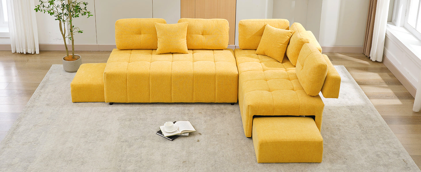 91.73" L Shaped Sofa Sectional Sofa Couch With 2 Stools And 2 Lumbar Pillows For Living Room, Yellow Yellow Chenille