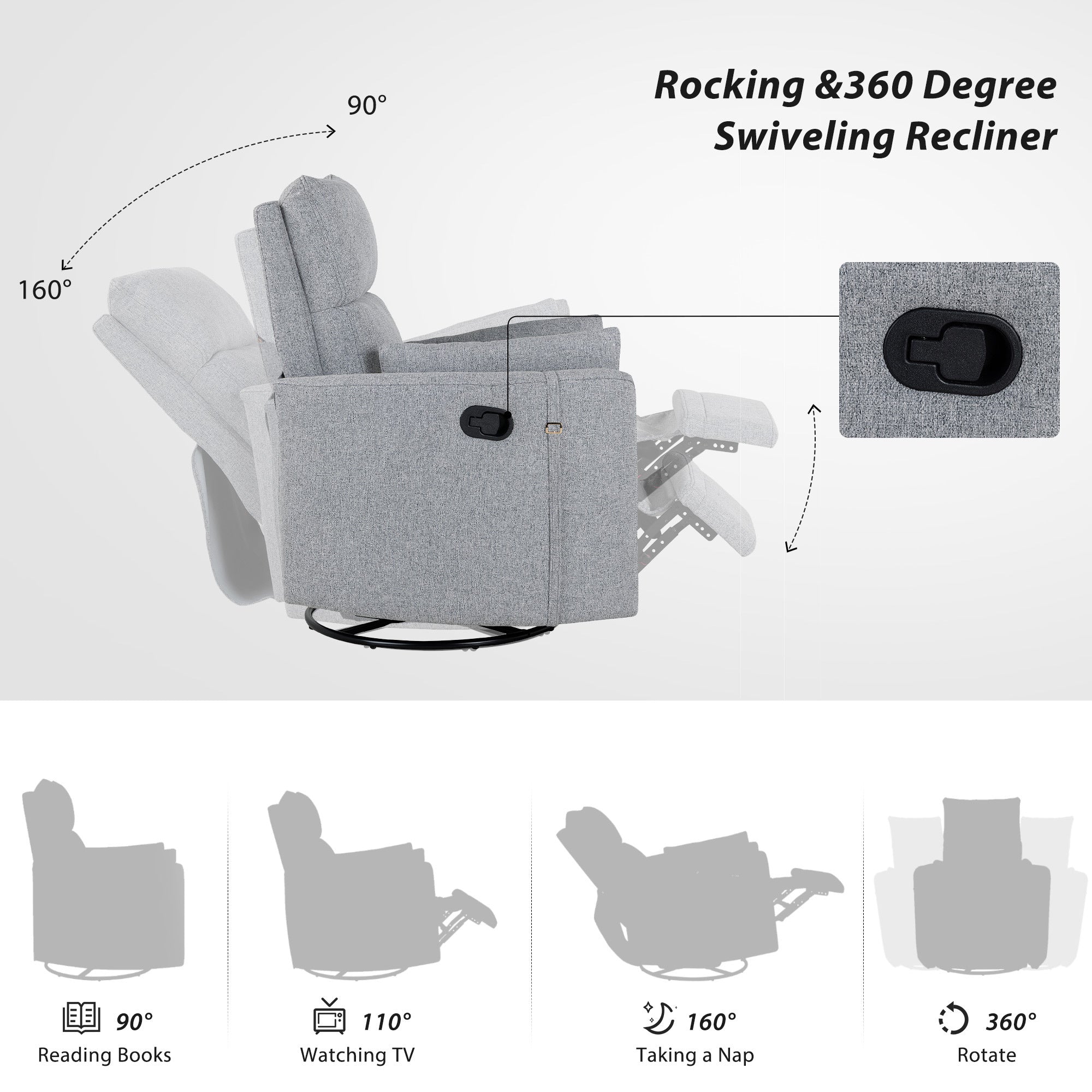 Upholstered Swivel Recliner Manual Rocker Recliner dark grey-foam-linen