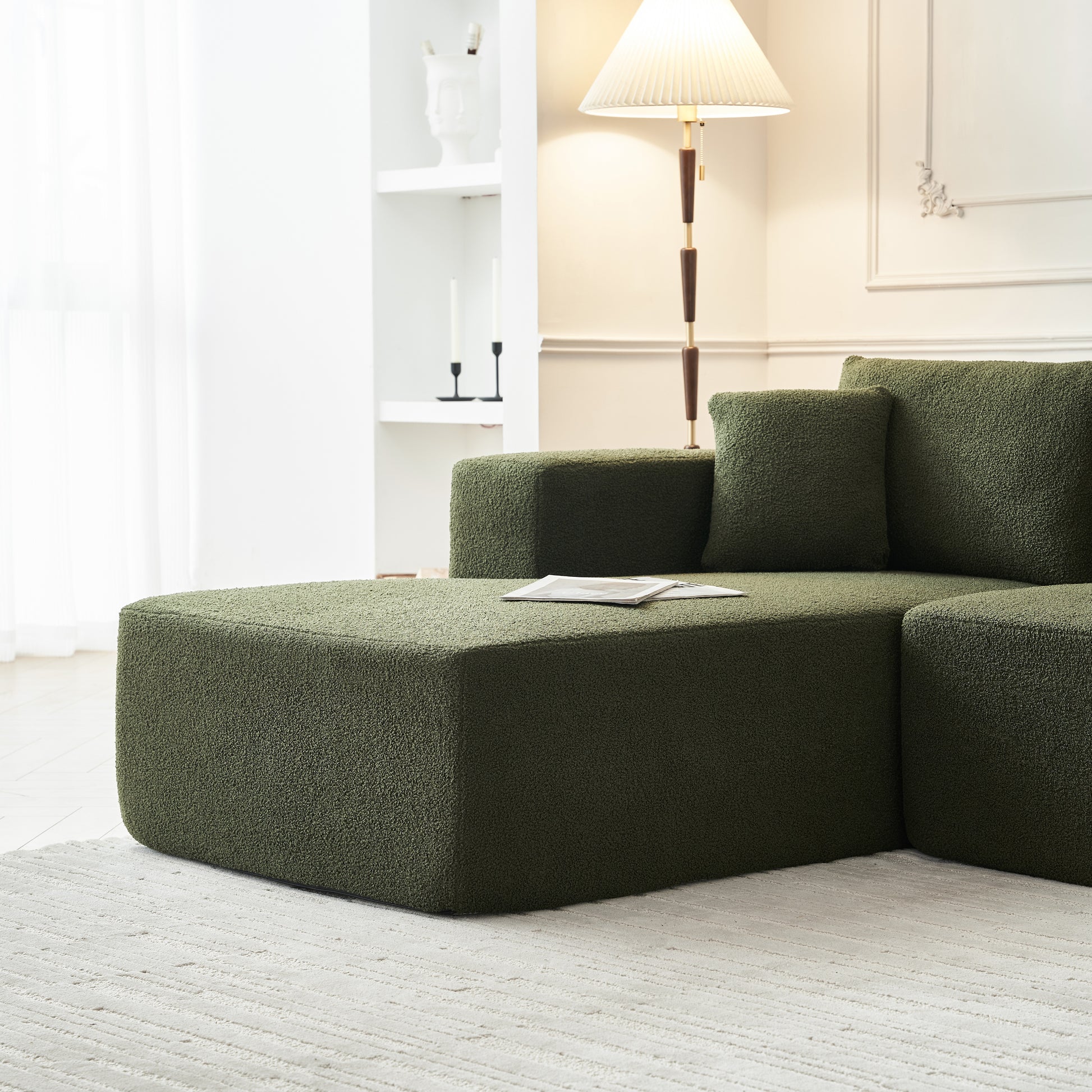 104.33" Sponge Sectional Sofa Couch For Living Room, L Shaped Modern Lamb Modular High Density Sponge Floor Sofa, Sherpa Fabric Sofa Couch With Chaise Lounge, Upholstered Corner Cloud Couch, Green Green Primary Living Space Soft Pillow Back Square Arms