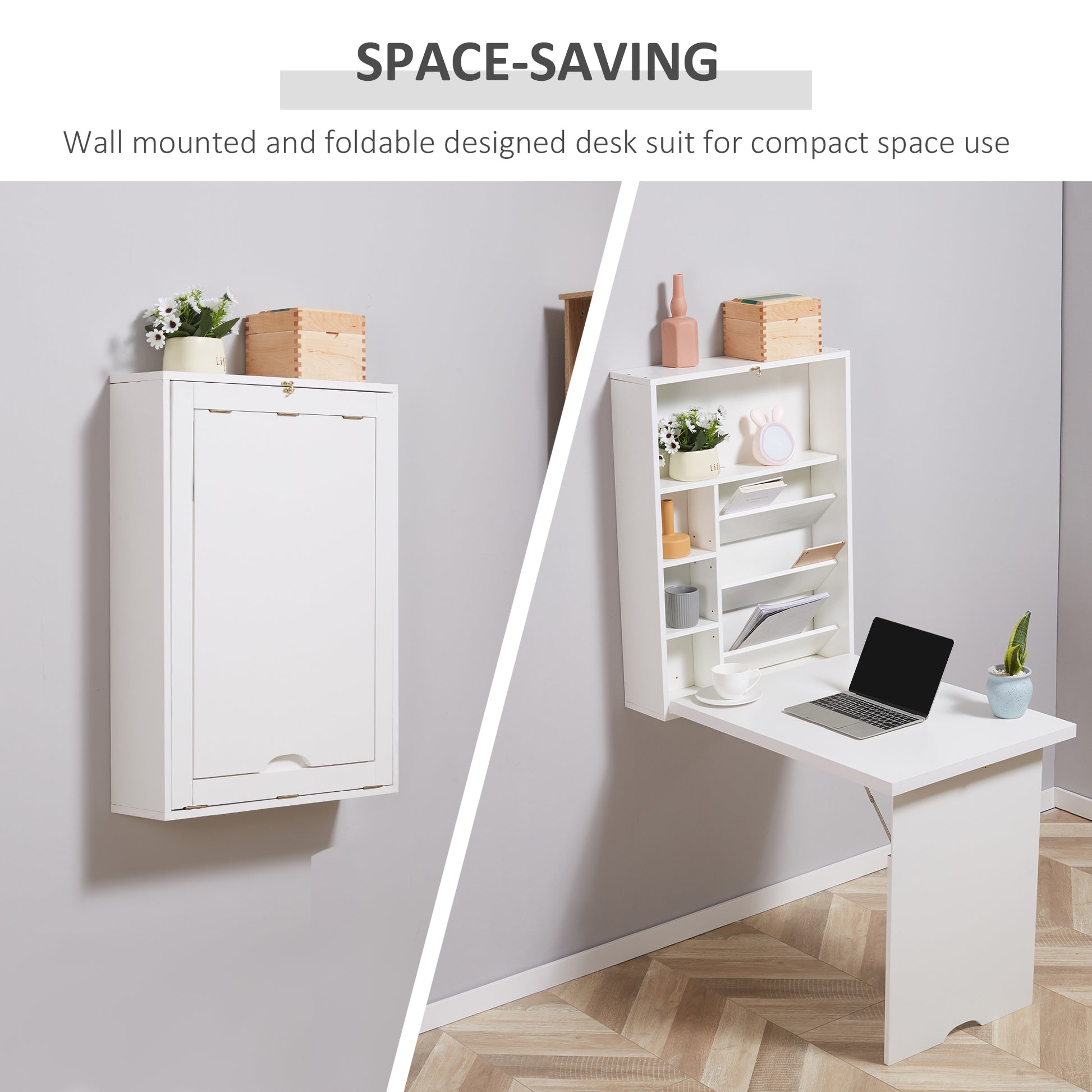 Wall Mounted Fold Out Convertible Desk, Multi Function Floating Desk With Storage Shelf For Home Office, White White Mdf