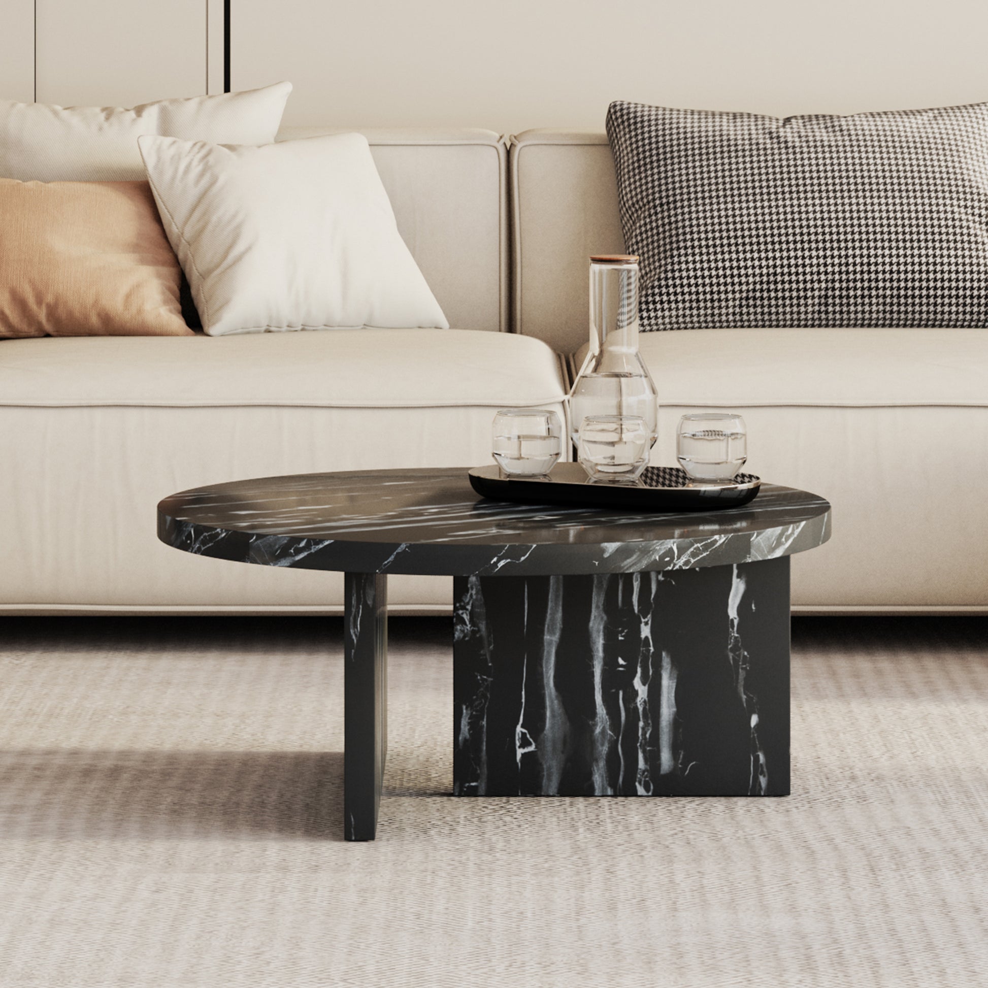 Black Mdf Material Circular Coffee Table With Texture, 31.4 Inch Black Middle Table, Modern Tea Table, Suitable For Small Spaces, Living Room. Black Mdf