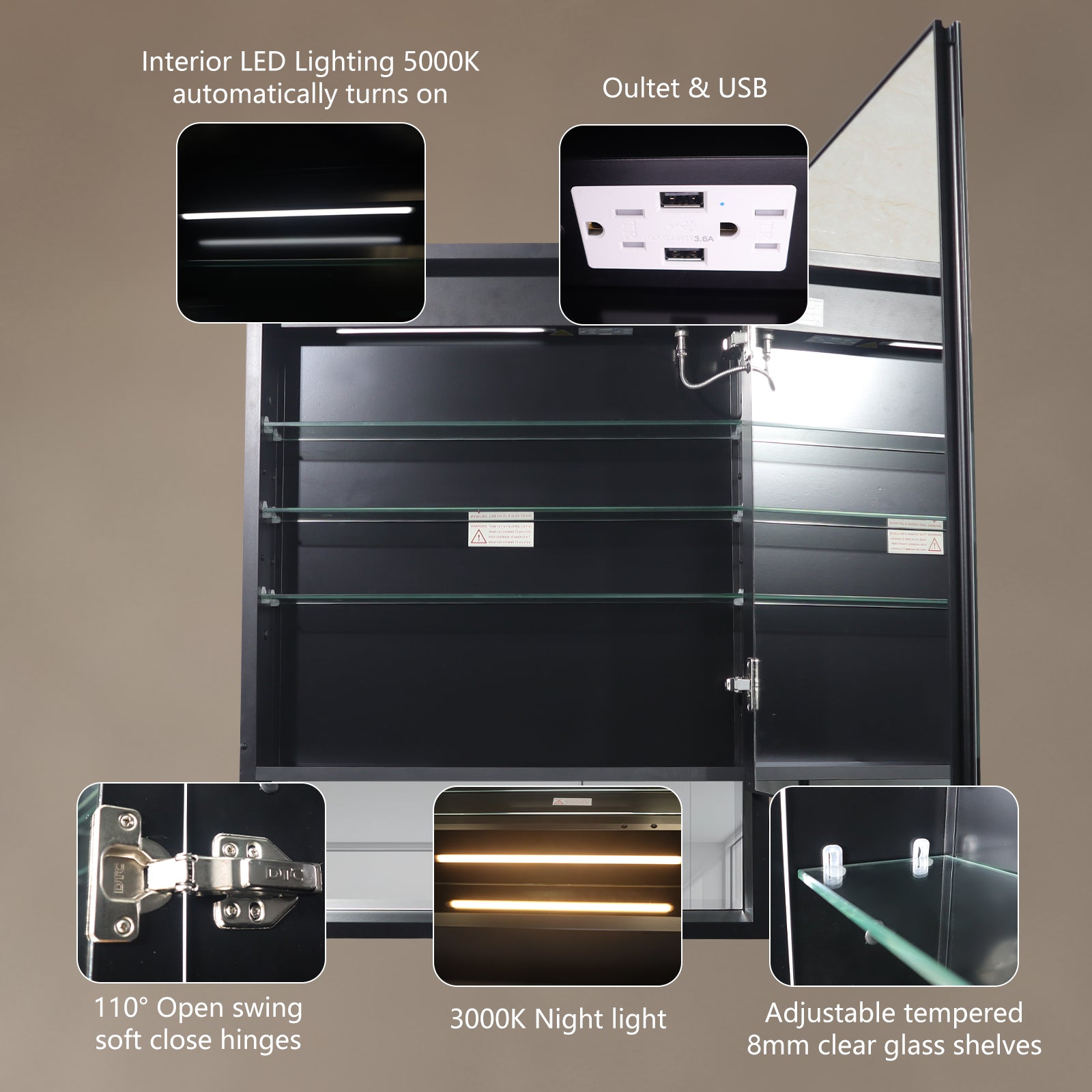 Lighted Medicine Cabinet 24 X 32 Inch, Recessed Or Surface,Clock, Room Temp Display,Defog,Night Light,Stepless Dimming,3000K 6400K, Outlets & Usbs,Hinge On The Right . With External Storage Shelf. Black Aluminium