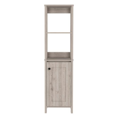 Linen Single Door Cabinet 59" H, Two Interior Shelves, Two Open Shelves, Light Gray Gray Particle Board Particle Board