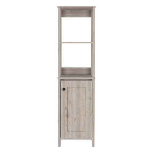 59.3H" Linen Single Door Cabinet, Two Interior Shelves, Two Open Shelves, Light Gray Gray Particle Board Particle Board