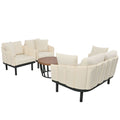 Luxury Modern 4 Piece Outdoor Iron Frame Conversation Set, Patio Chat Set With Acacia Wood Round Coffee Table For Backyard, Deck, Poolside, Indoor Use, Loveseat Arm Chairs, Beige Yes Sectional Beige Weather Resistant Frame Water Resistant Cushion Garden