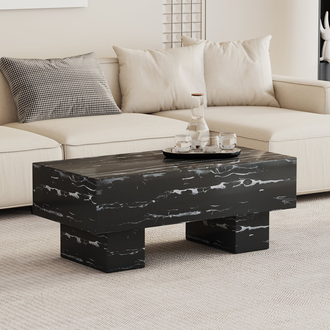 The Black Coffee Table Has Patterns. Modern Rectangular Table, Suitable For Living Rooms And Apartments. 43.3"*21.6"*17.2" Black Mdf
