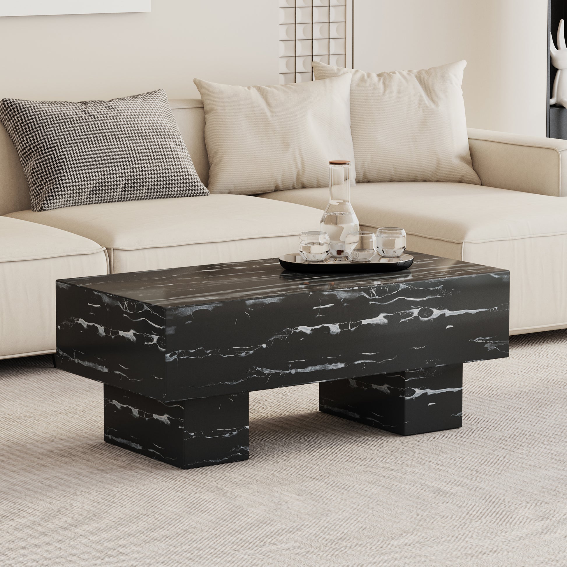 The Black Coffee Table Has Patterns. Modern Rectangular Table, Suitable For Living Rooms And Apartments. 43.3"*21.6"*17.2" Black Mdf