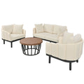 Luxury Modern 4 Piece Outdoor Iron Frame Conversation Set, Patio Chat Set With Acacia Wood Round Coffee Table For Backyard, Deck, Poolside, Indoor Use, Loveseat Arm Chairs, Beige Yes Sectional Beige Weather Resistant Frame Water Resistant Cushion Garden