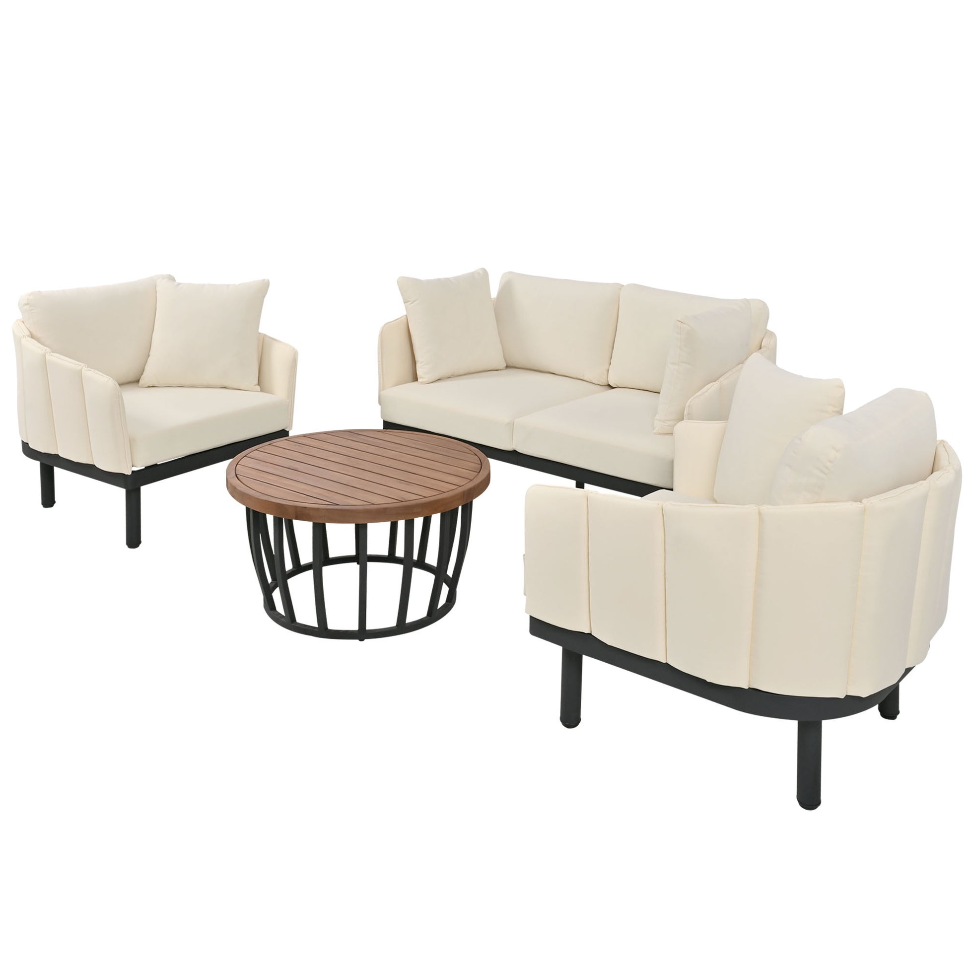 Luxury Modern 4 Piece Outdoor Iron Frame Conversation Set, Patio Chat Set With Acacia Wood Round Coffee Table For Backyard, Deck, Poolside, Indoor Use, Loveseat Arm Chairs, Beige Yes Sectional Beige Weather Resistant Frame Water Resistant Cushion Garden