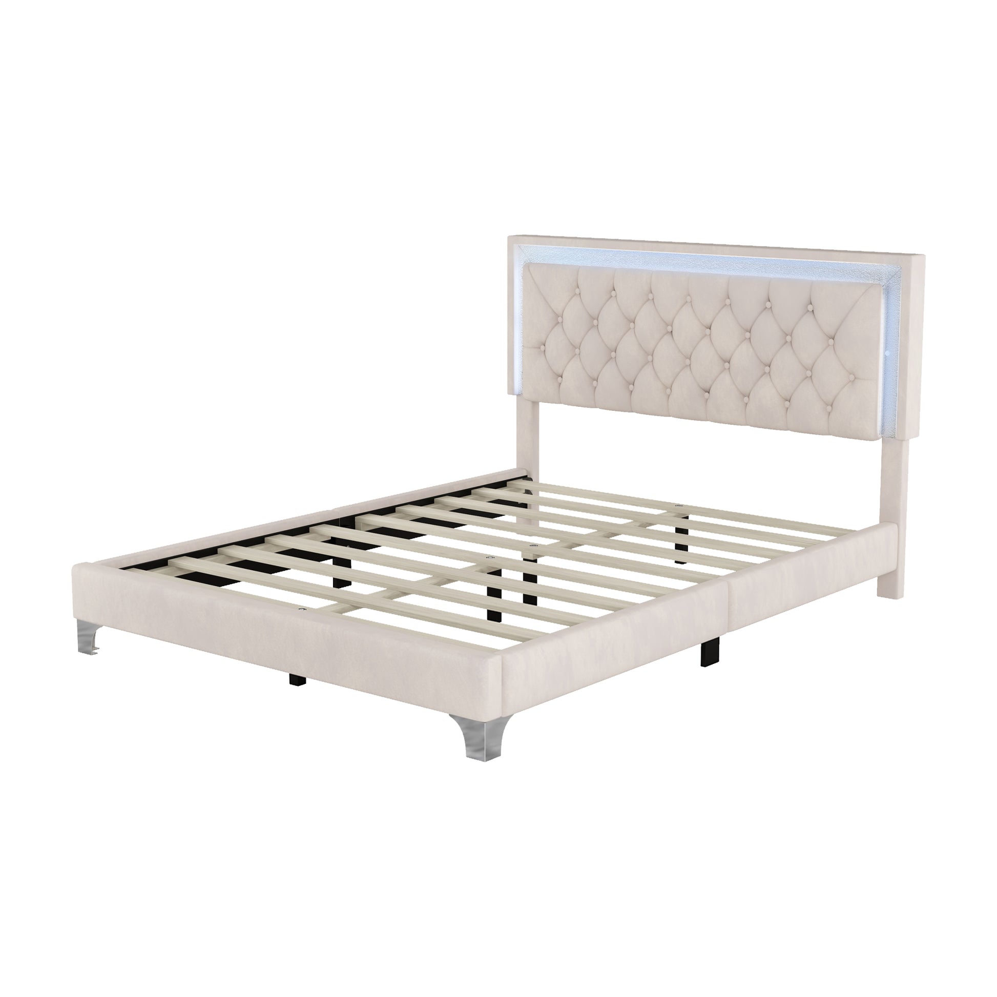 Queen Size Upholstered Bed Frame With Led Lights,Modern Velvet Platform Bed With Tufted Headboard,Beige Beige Velvet