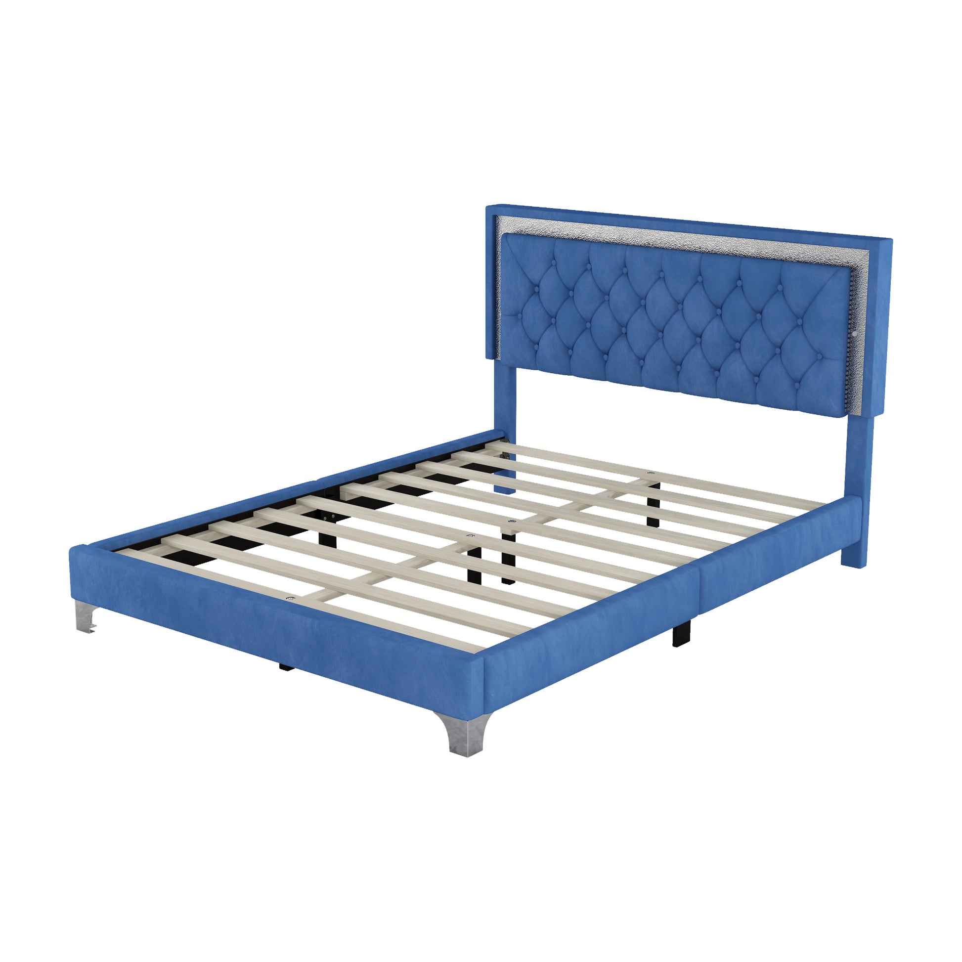 Queen Size Upholstered Bed Frame With Led Lights,Modern Velvet Platform Bed With Tufted Headboard,Blue Blue Velvet