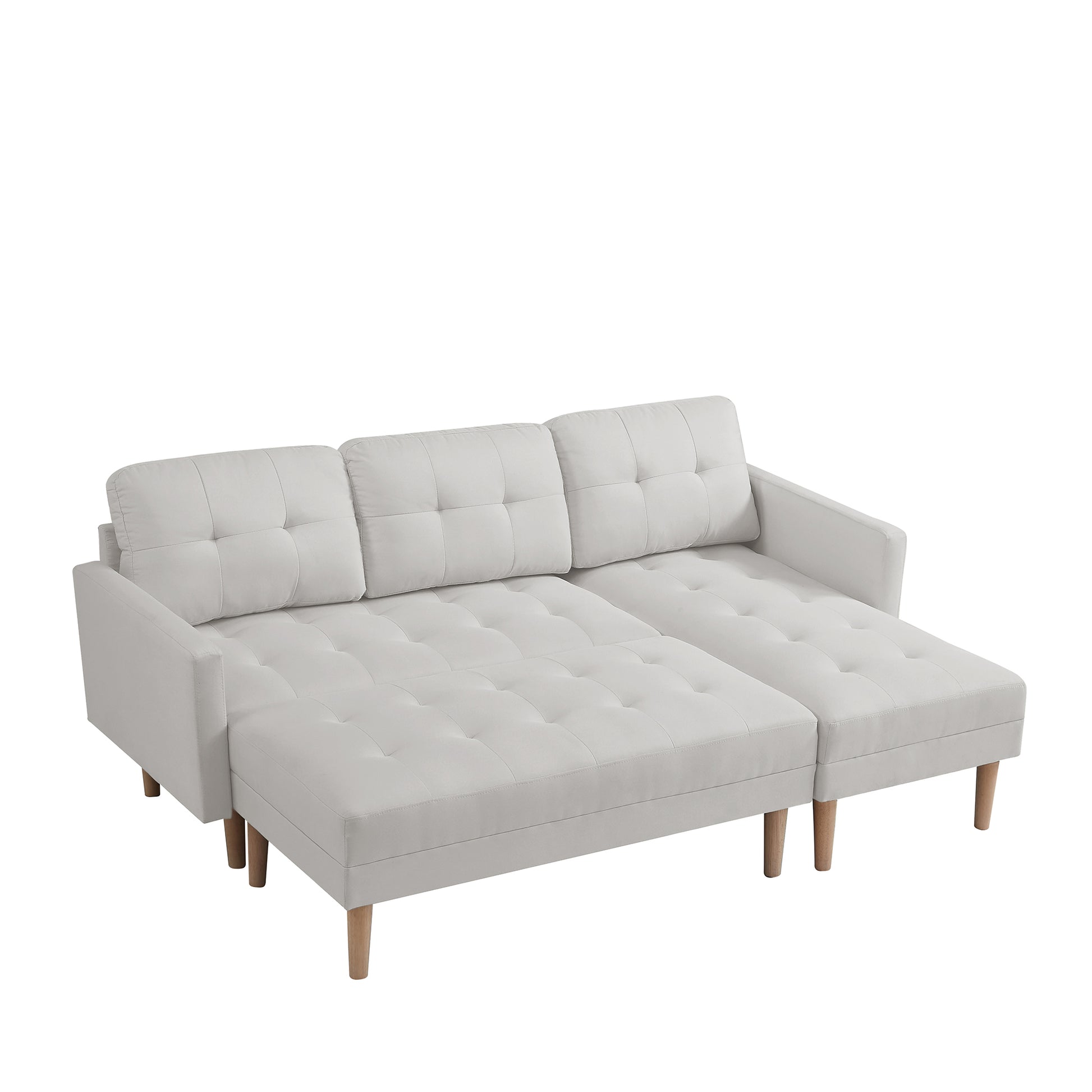 White Fabric Right Facing Sectional Sofa Bedl Shape Sofa Chaise Lounge With Ottoman Bench White Wood Tufted Back Square Arms Foam Fabric 3 Seat