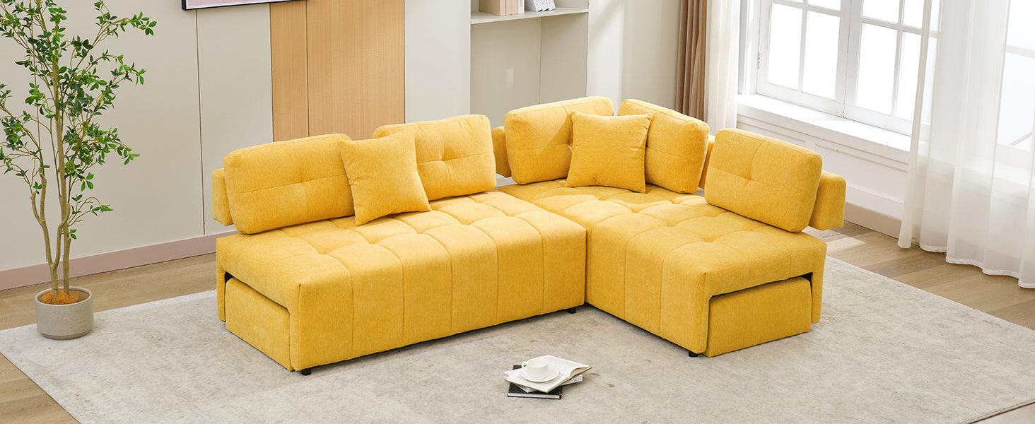 91.73" L Shaped Sofa Sectional Sofa Couch With 2 Stools And 2 Lumbar Pillows For Living Room, Yellow Yellow Chenille