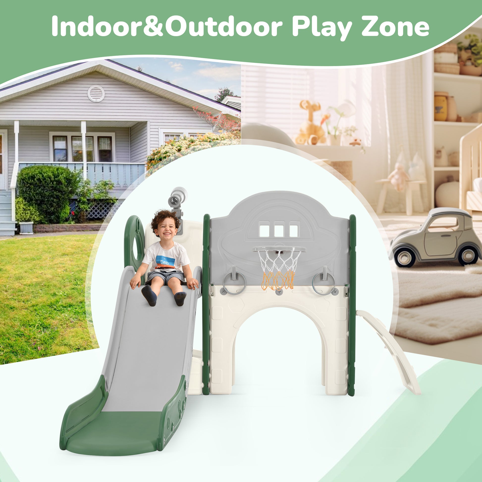 Kids Slide Playset Structure 7 In 1, Freestanding Space Set With Slide, Arch Tunnel, Ring Toss And Basketball Hoop, Toy Storage Organizer For Toddlers, Kids Climbers Playground Green Hdpe