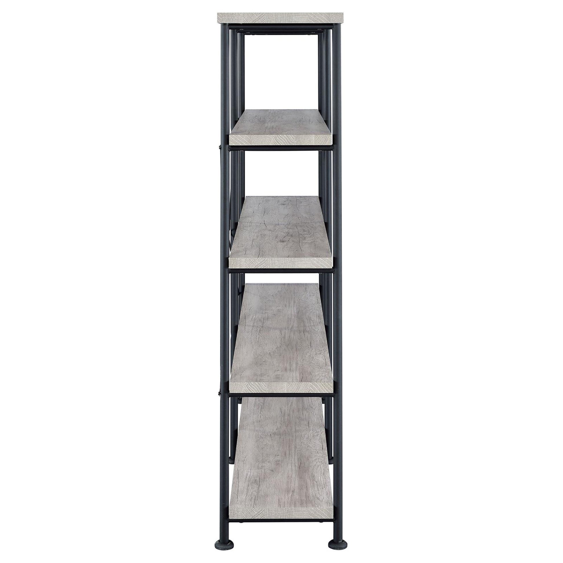 Grey Driftwood And Black Double Wide Bookcase 4 Grey Gray Standard Horizontal Office Open Back Wood Farmhouse,Rustic Wood