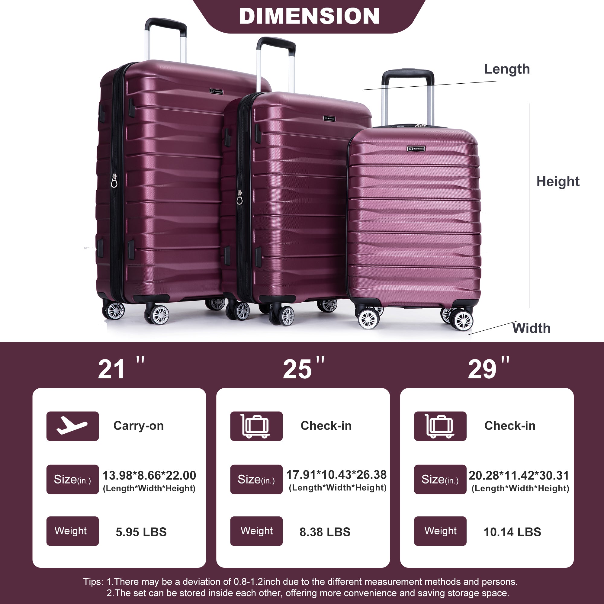 3 Piece Luggage Sets PC Lightweight & Durable wine red-pc