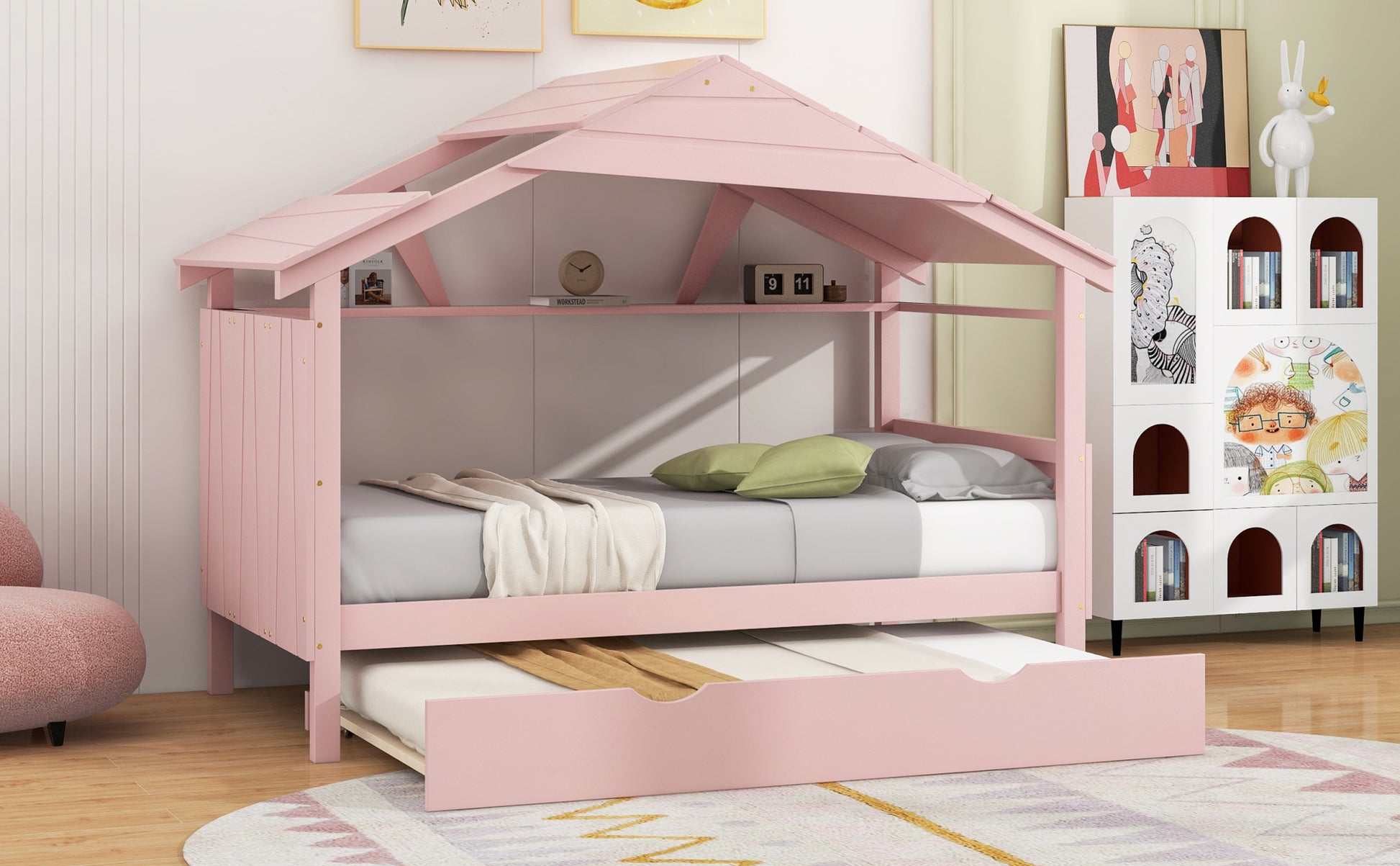 Wood Twin Size House Bed With Trundle And Storage, Pink Box Spring Not Required Twin Pink Wood Bedroom Bed Frame Solid Wood Mdf