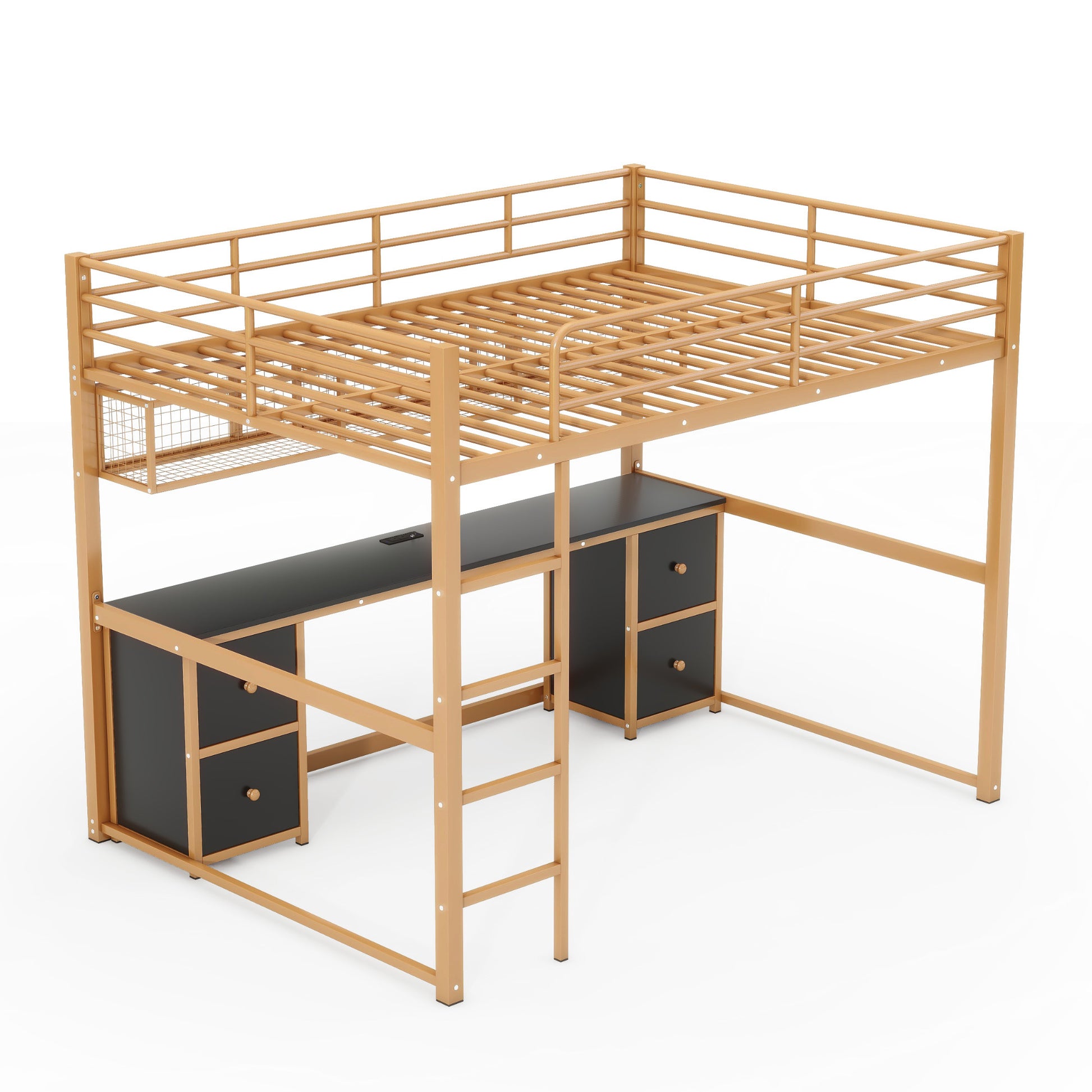 Full Size Metal Loft Bed With Desk, Drawers And Bedside Tray, Charging Station, Usb And Socket Full Gold Black Mdf Metal
