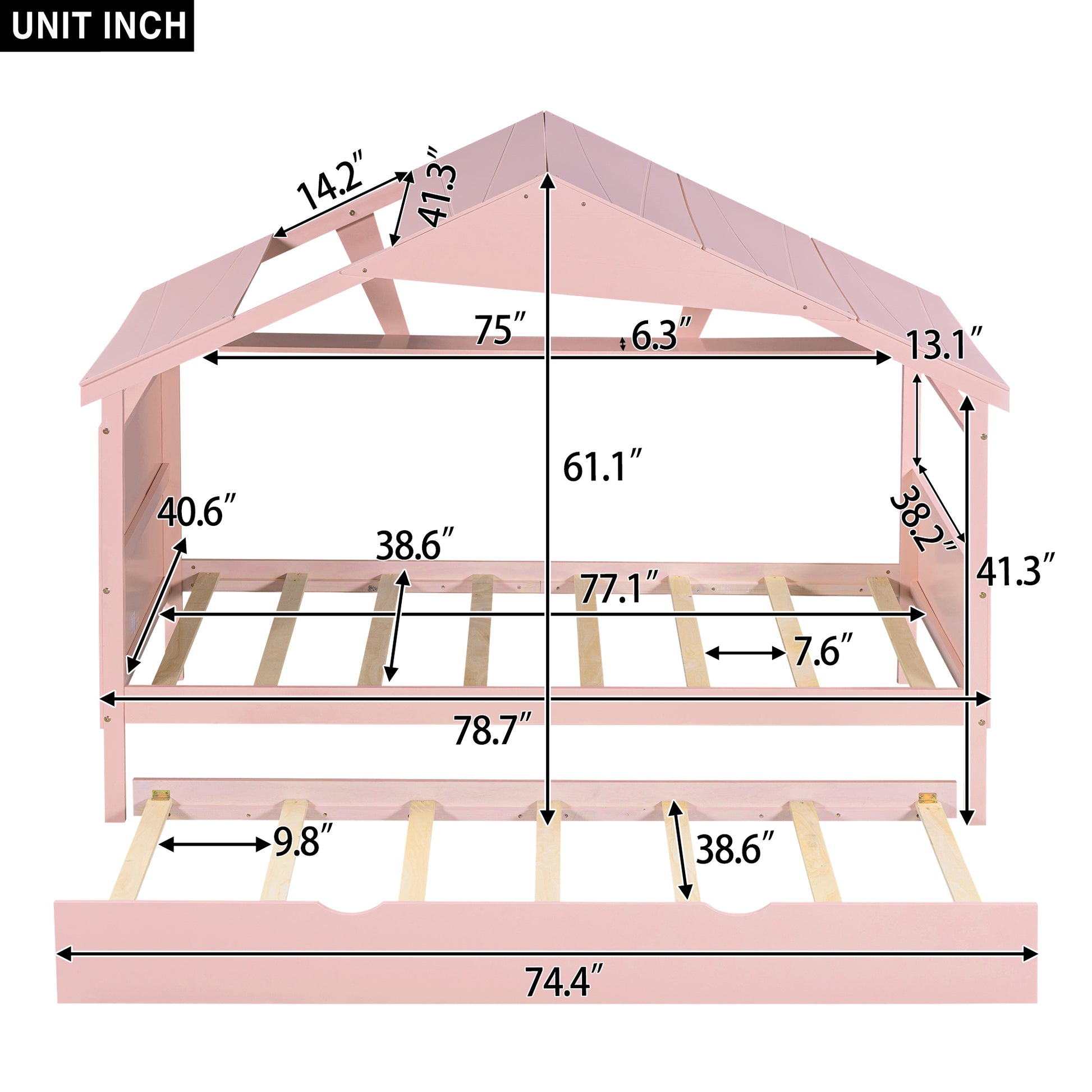 Wood Twin Size House Bed With Trundle And Storage, Pink Box Spring Not Required Twin Pink Wood Bedroom Bed Frame Solid Wood Mdf