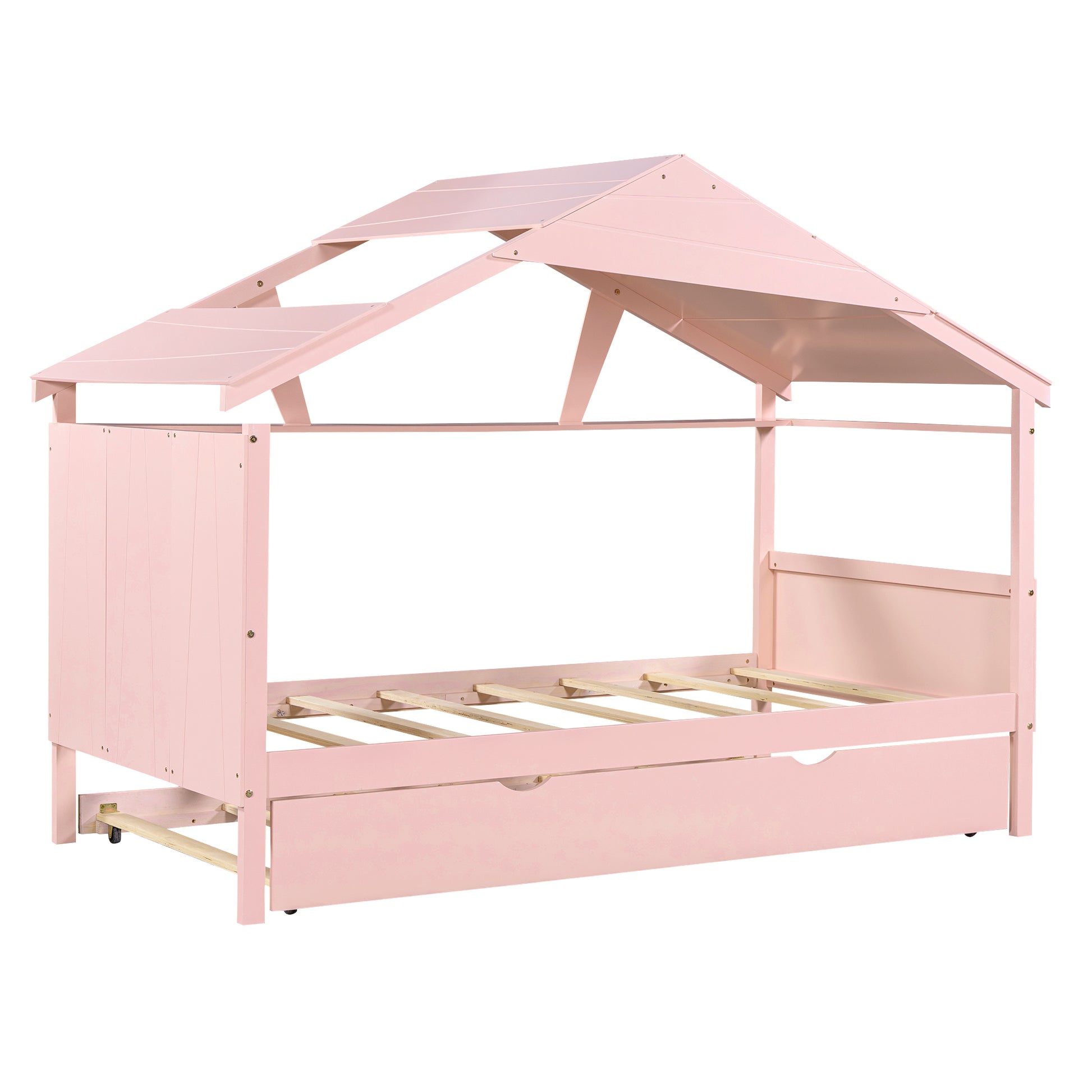 Wood Twin Size House Bed With Trundle And Storage, Pink Box Spring Not Required Twin Pink Wood Bedroom Bed Frame Solid Wood Mdf