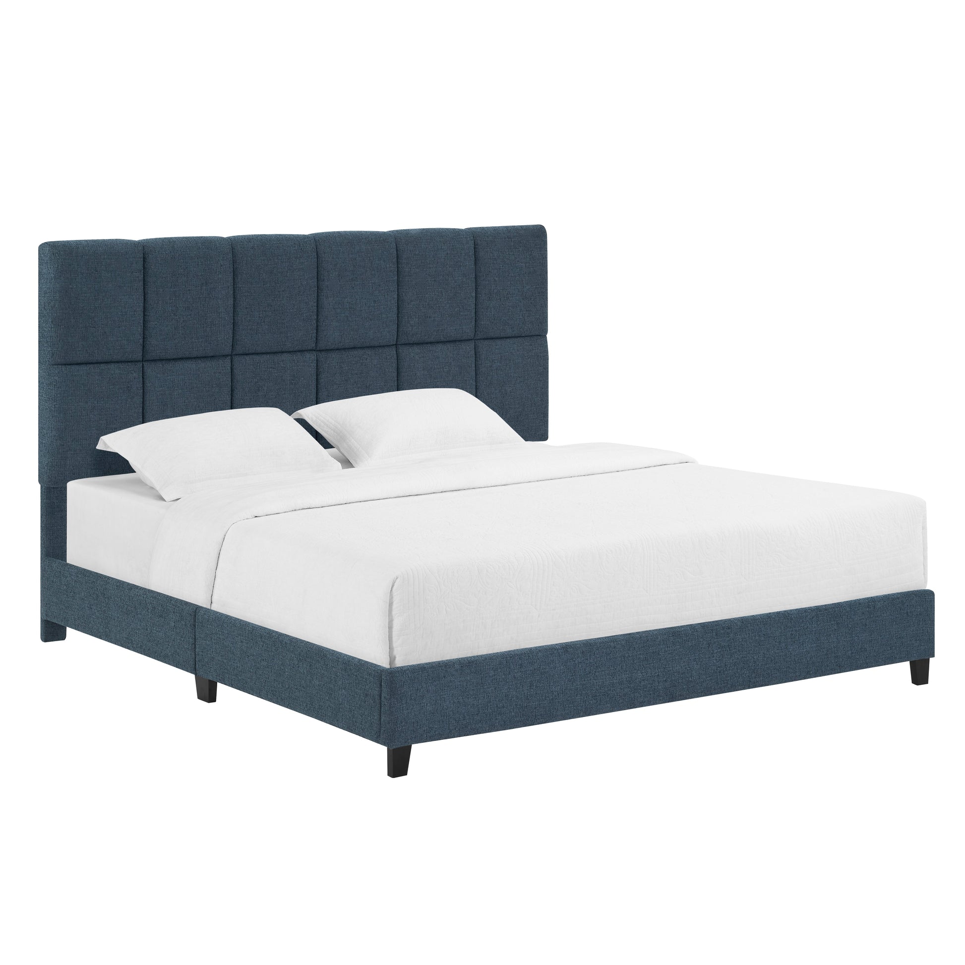 King Size Navy Blue Denim Squares Upholstered Platform Bed Box Spring Required King Blue Wood Bedroom Contemporary,Modern,Transitional Panel Polyester Fabric