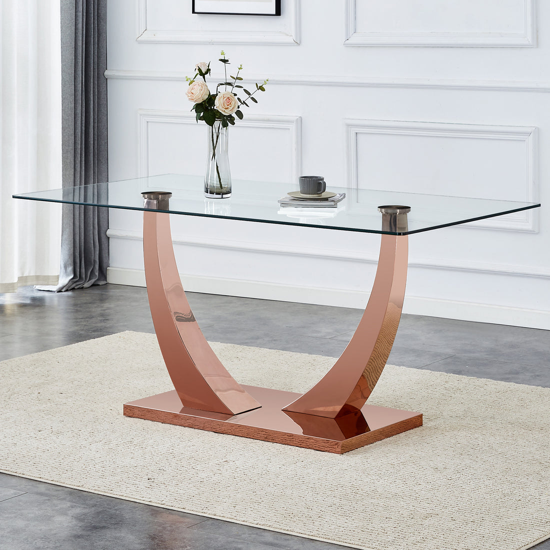 Modern Minimalist Rectangular Glass Dining Table, 0.4 "Thick, Tempered Glass Tabletop, Rose Gold Colored Legs. Used In Kitchen, Dining Room, And Living Room 63" * 31.5 "* 29.5" F 1548 Rose Gold Glass
