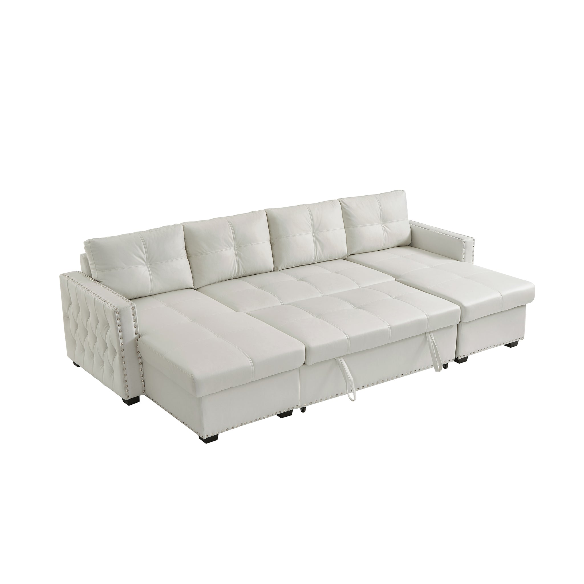 114" Convertible Pull Out Sofa Bed with Storage Chaise beige-microfiber