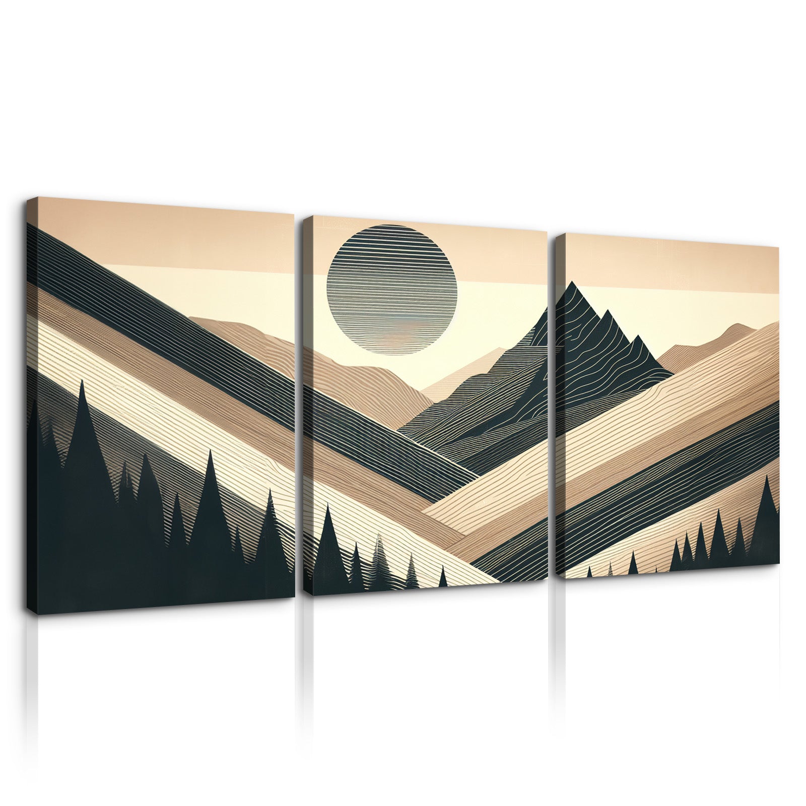 3 Panels Framed Abstract Wood Grain Boho Style Mountain & Forest Canvas Wall Art Decor,3 Pieces Mordern Canvas Decoration Painting For Office,Dining Room,Living Room, Bedroom Decor Ready To Hang