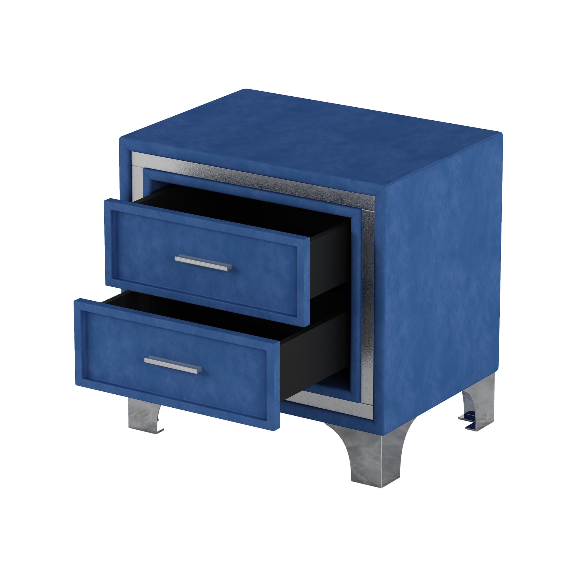 Mid Century Vintage Nightstand With Metal Legs For Bedroom, Velvet Bedside Table With 2 Drawers, Fully Assembled Except Legs And Handles, Blue Blue Velvet