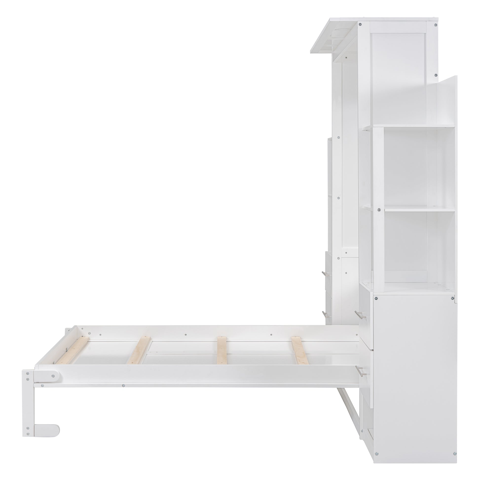 Full Size Murphy Bed Wall Bed With Shelves, Drawers And Led Lights,White White Mdf Lvl
