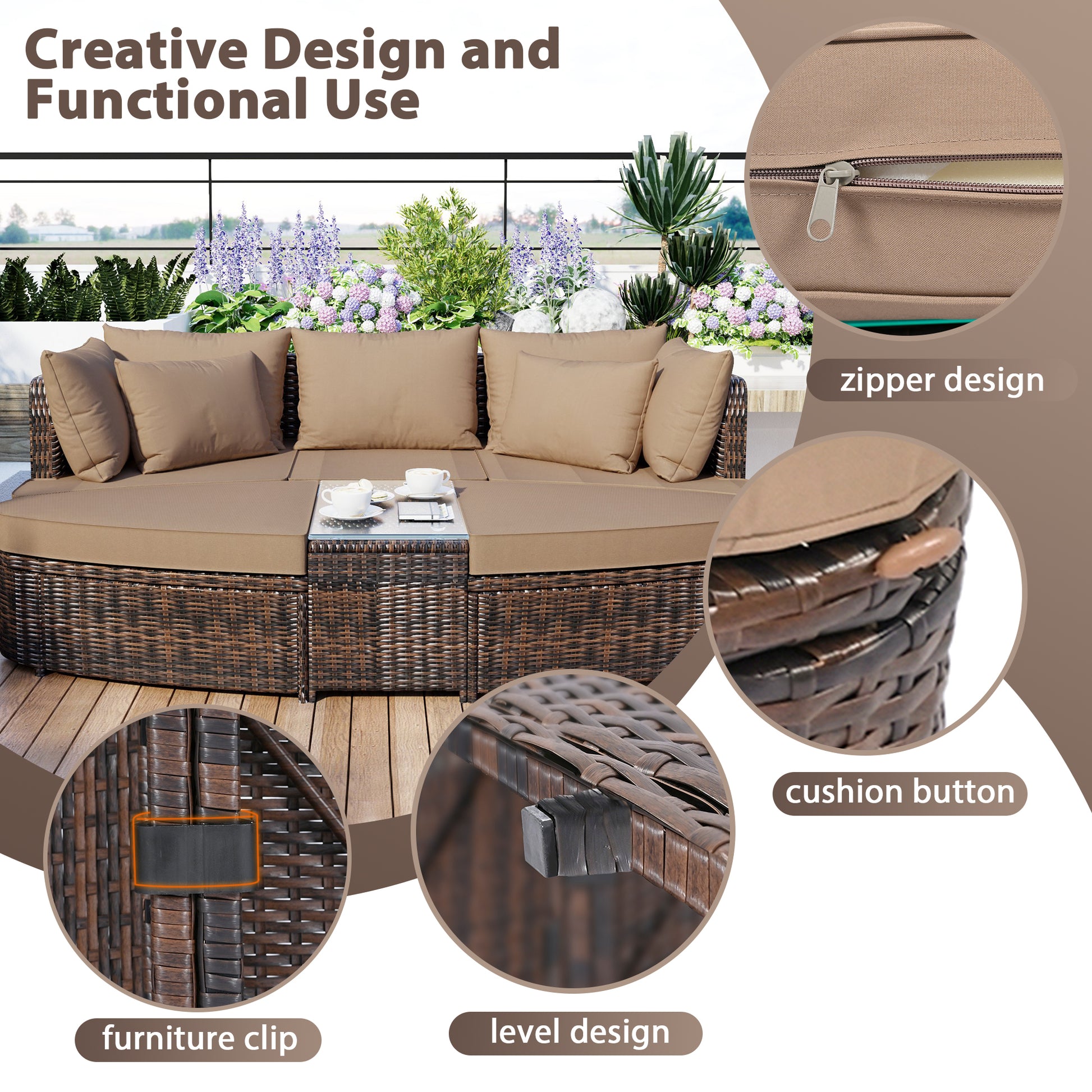 6 Piece Patio Outdoor Conversation Round Sofa Set, Pe Wicker Rattan Separate Seating Group With Coffee Table, Brown Yes Deep Seating Brown Weather Resistant Frame Water Resistant Cushion Garden & Outdoor Sofa Seating Groups Foam Rattan