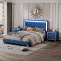 3 Pieces Bedroom Sets,Queen Size Upholstered Platform Bed With Led Lights And Two Nightstands Blue Blue Velvet