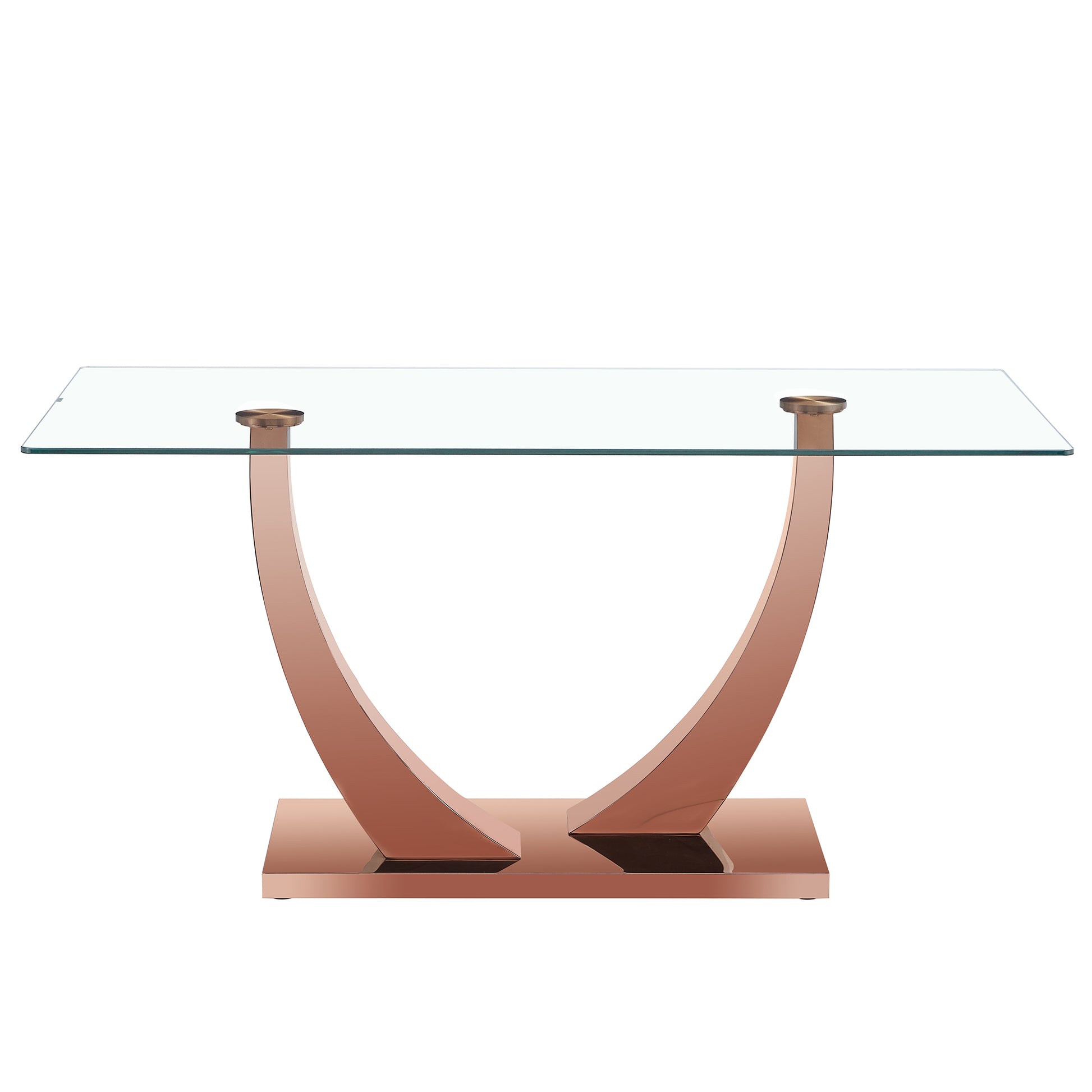 Modern Minimalist Rectangular Glass Dining Table, 0.4 "Thick, Tempered Glass Tabletop, Rose Gold Colored Legs. Used In Kitchen, Dining Room, And Living Room 63" * 31.5 "* 29.5" F 1548 Rose Gold Glass