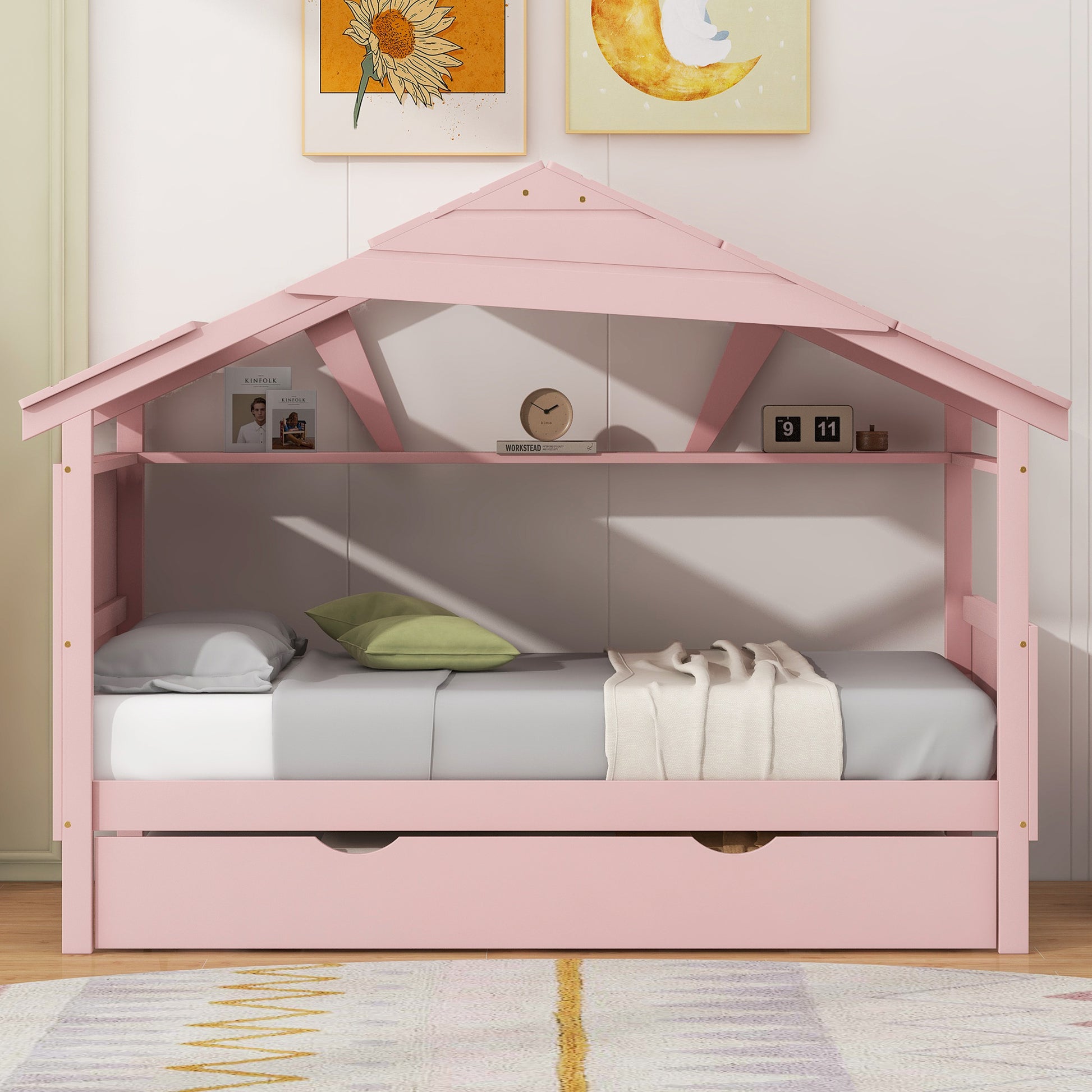 Wood Twin Size House Bed With Trundle And Storage, Pink Box Spring Not Required Twin Pink Wood Bedroom Bed Frame Solid Wood Mdf