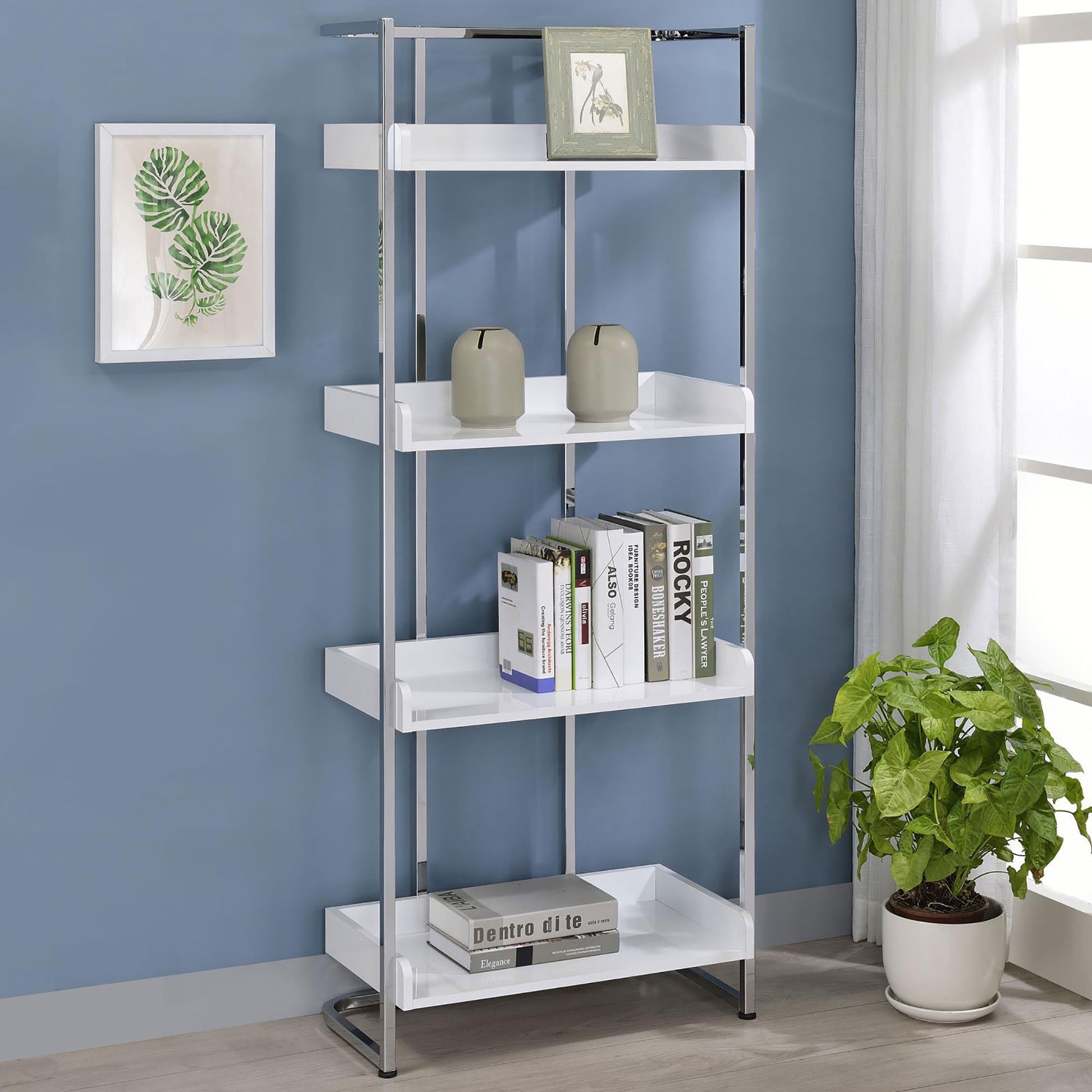 Glossy White 4 Shelf Open Back Bookcase 4 White Standard Horizontal Office Closed Back Wood Contemporary,Modern Wood