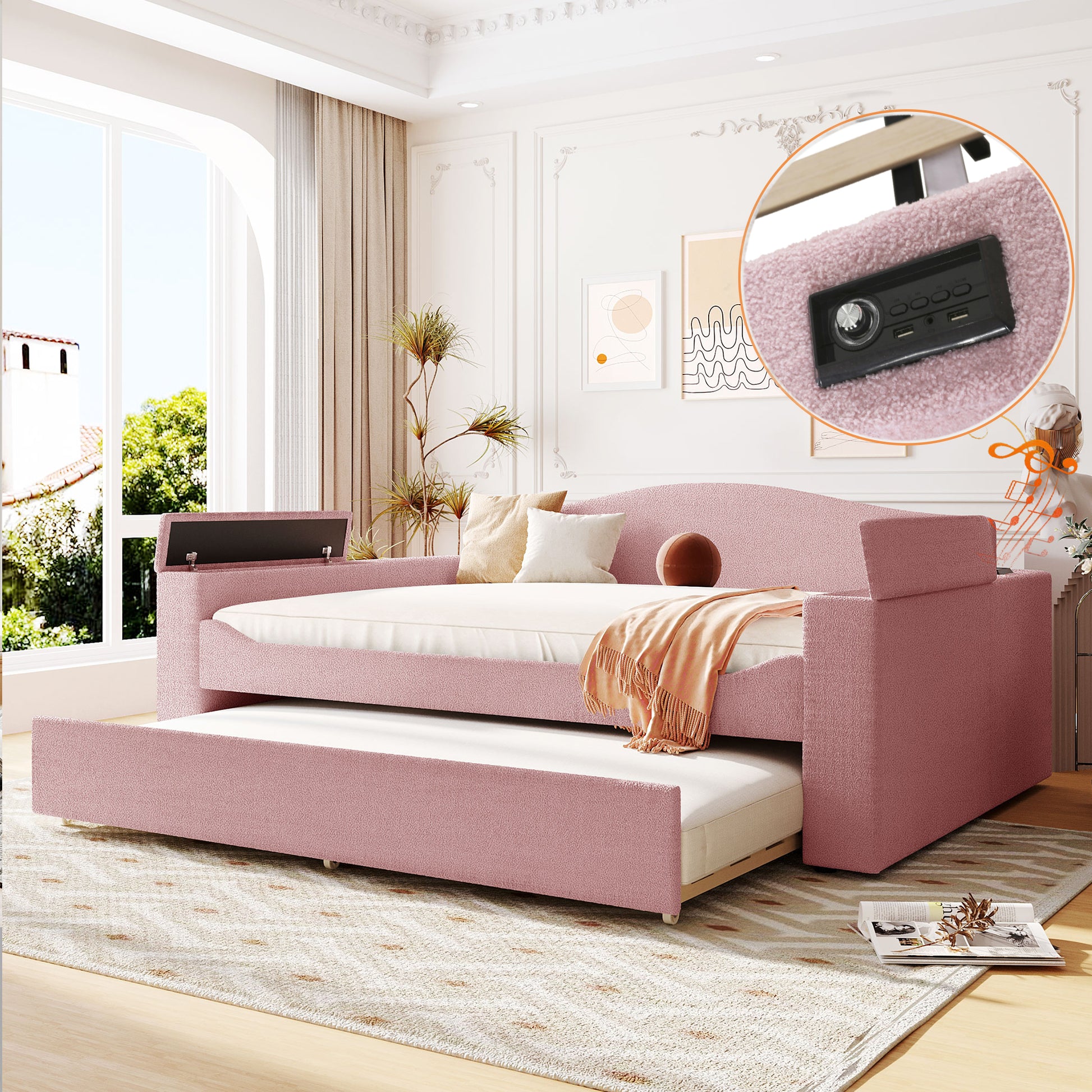 Full Size Upholstered Daybed With Storage Armrests, Trundle And Latest Integrated Bluetooth Audio System, Teddy Fleece, Pink Pink Fleece