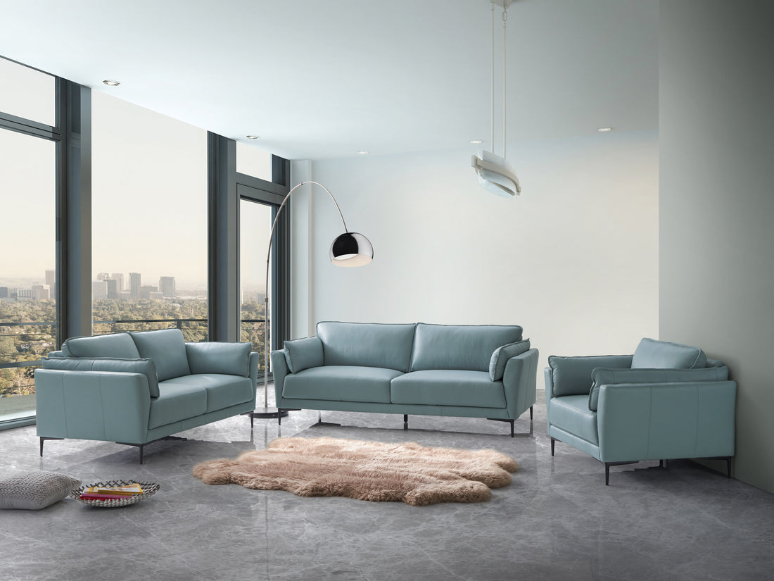 Mesut Sofa, Light Blue Top Grain Leather & Black Finish Lv02387 Light Blue Leather