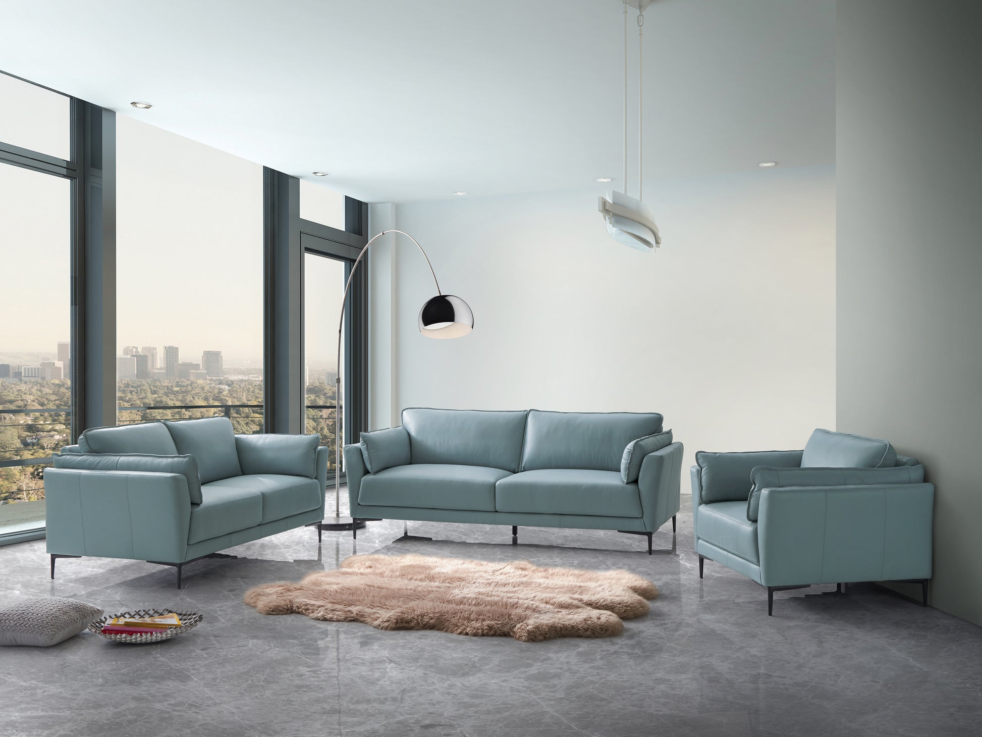 Mesut Sofa, Light Blue Top Grain Leather & Black Finish Lv02387 Light Blue Leather
