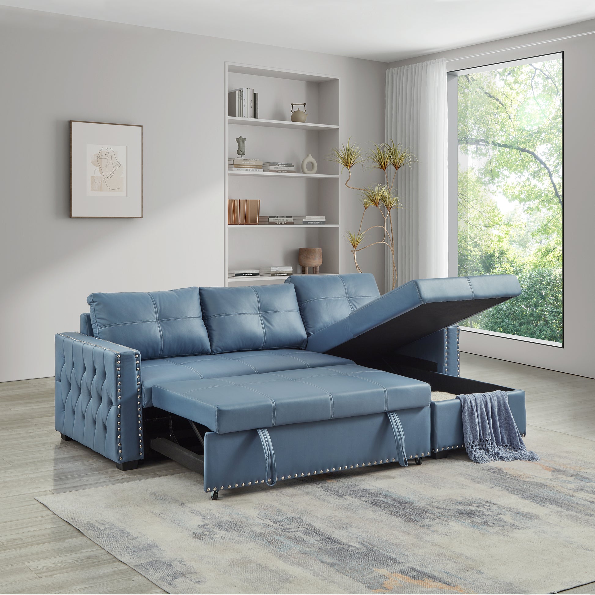 88" Convertible Pull Out Sofa Bed With Storage Chaise Sofa Bed Microfiber Fabric Upholstery Blue Blue Microfiber