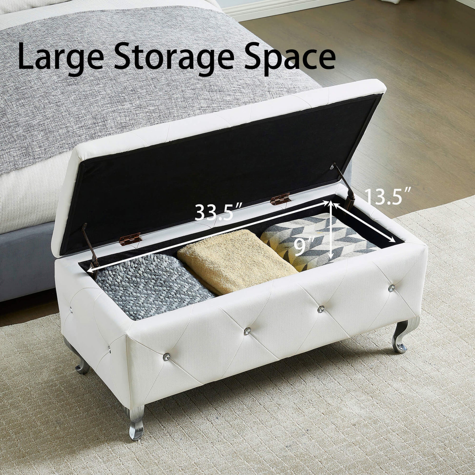 Upholstered Storage Ottoman Bench For Bedroom End Of Bed Faux Leather Rectangular Storage Benches Footrest With Crystal Buttons For Living Room Entryway White White Bedroom Black Pine Wood White Pu Vanity Stools Faux Leather Rectangular American