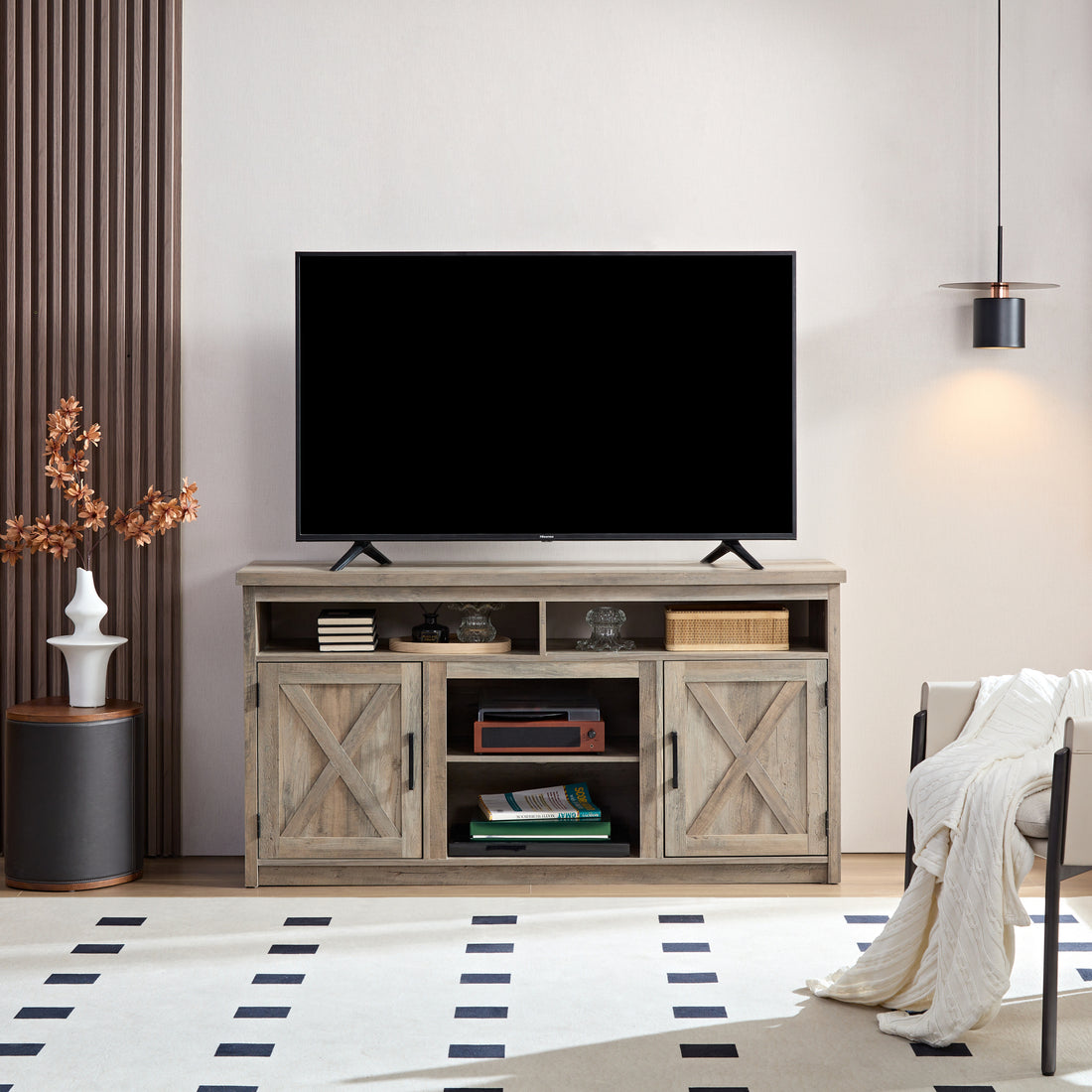 Farmhouse Barn Door Tv Media Stand Modern Entertainment Console For Tv Up To 65" With Open And Closed Storage Space, Gray Wash, L57.87*W15.75*H30.31 Gray Wash 50 59 Inches Mdf