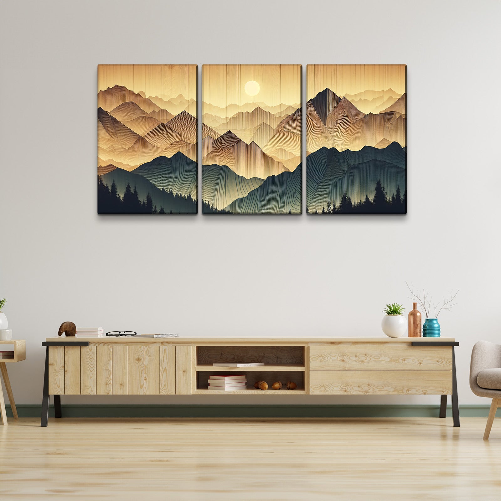 3 Panels Framed Abstract Wood Grain Boho Style Mountain & Forest Canvas Wall Art Decor,3 Pieces Mordern Canvas Decoration Painting For Office,Dining Room,Living Room, Bedroom Decor Ready To Hang