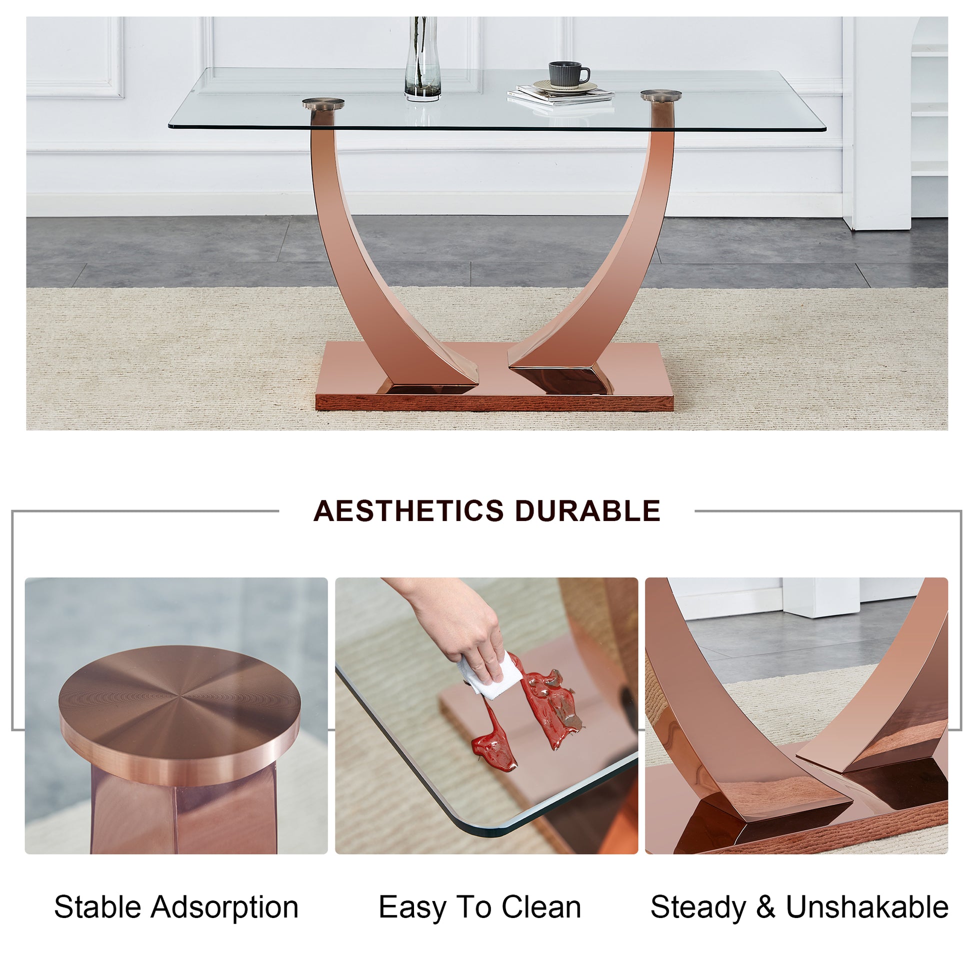 Modern Minimalist Rectangular Glass Dining Table, 0.4 "Thick, Tempered Glass Tabletop, Rose Gold Colored Legs. Used In Kitchen, Dining Room, And Living Room 63" * 31.5 "* 29.5" F 1548 Rose Gold Glass