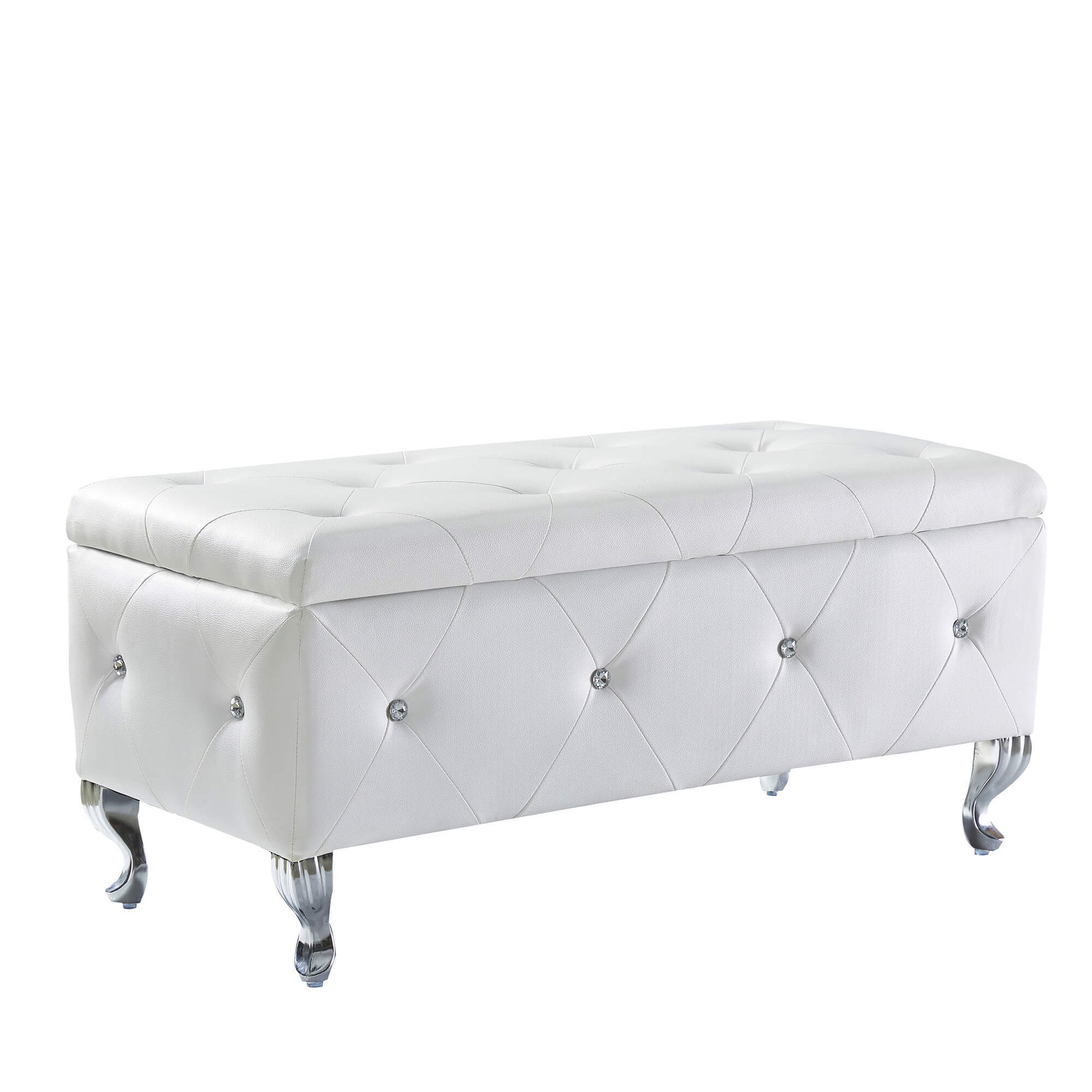 Upholstered Storage Ottoman Bench For Bedroom End Of Bed Faux Leather Rectangular Storage Benches Footrest With Crystal Buttons For Living Room Entryway White White Bedroom Black Pine Wood White Pu Vanity Stools Faux Leather Rectangular American