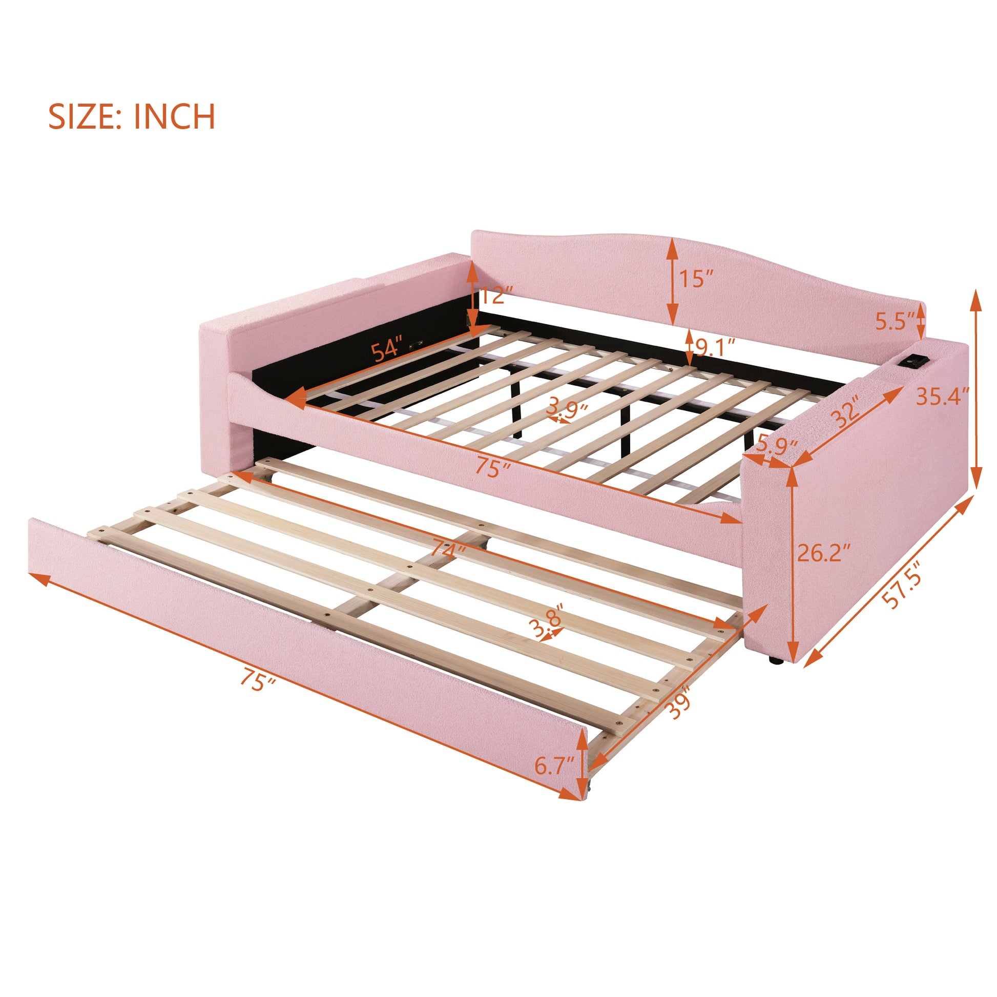 Full Size Upholstered Daybed With Storage Armrests, Trundle And Latest Integrated Bluetooth Audio System, Teddy Fleece, Pink Pink Fleece